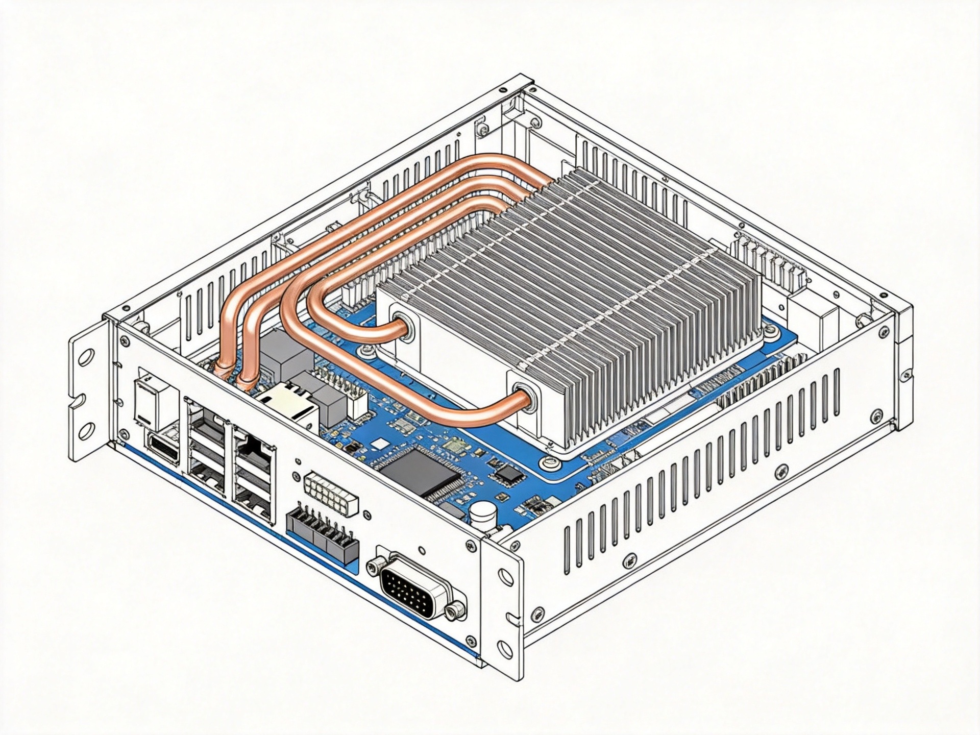 Cutaway view of fanless industrial panel PC showing internal heat pipe routing and finned aluminum chassis thermal design