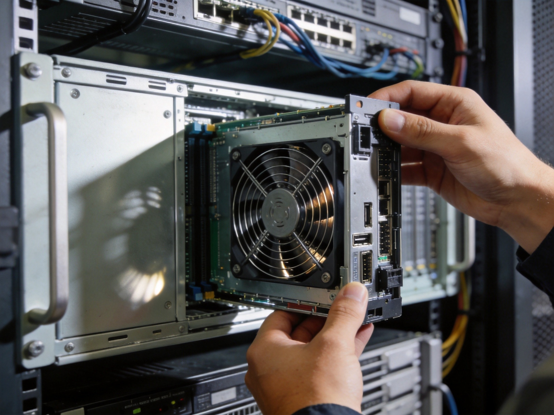 Industrial PC with hot-swappable dual redundant fan module being serviced by technician without opening main enclosure