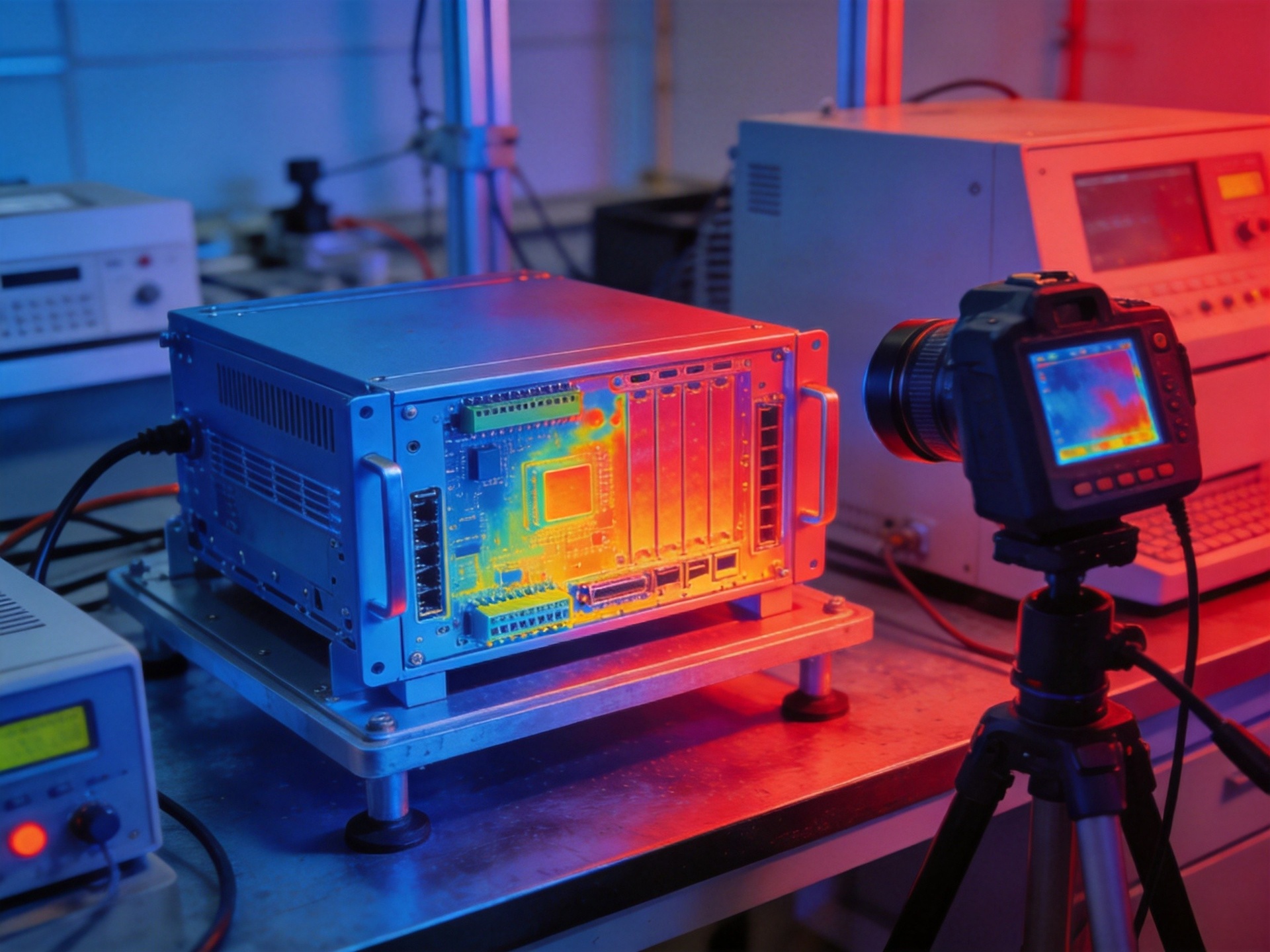 Thermal imaging camera view of industrial panel PC during UL 508 temperature testing showing heat distribution across chassis