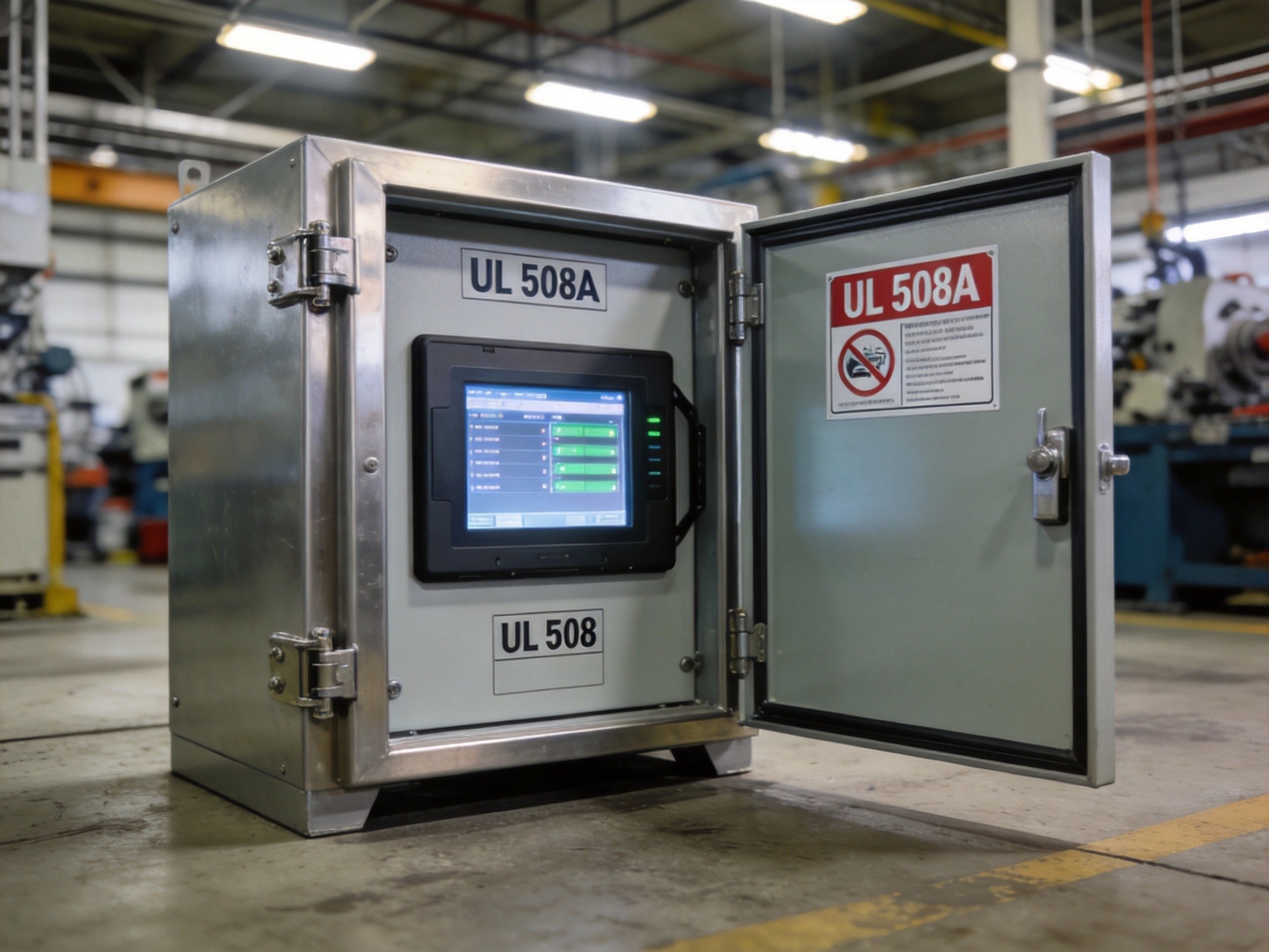 UL 508A listed industrial control panel with UL 508 listed panel PC integrated into the enclosure door showing labeling