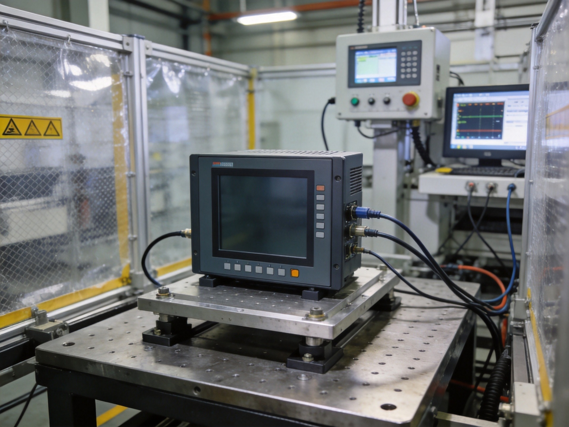 Industrial panel PC undergoing short circuit current rating test with safety barriers and monitoring equipment in lab