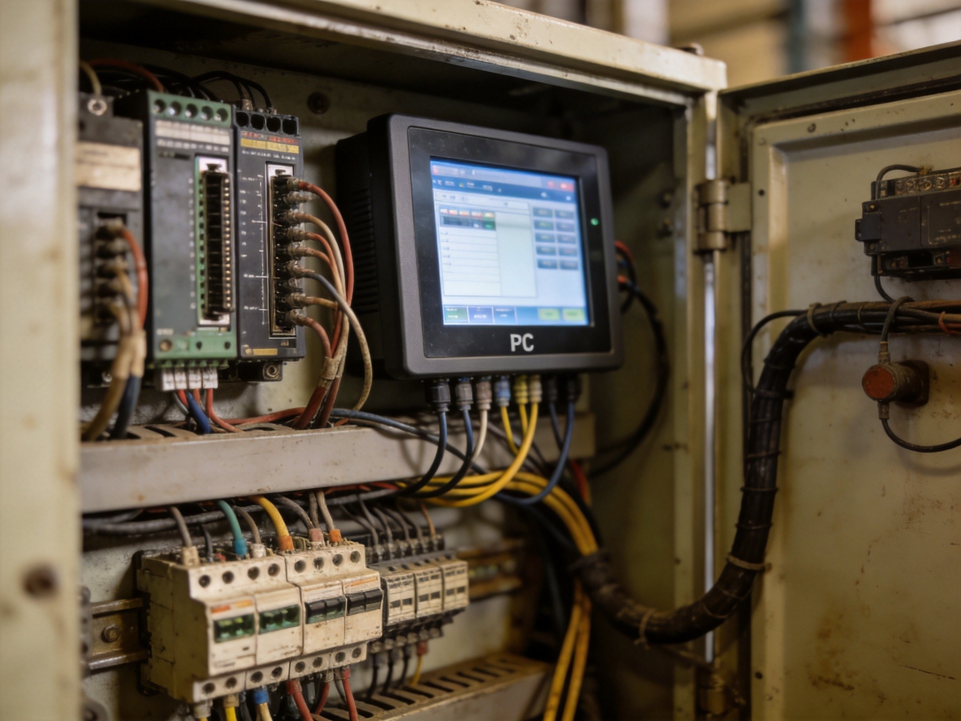 Industrial touchscreen panel PC wired into legacy relay logic control cabinet with digital I/O interface modules