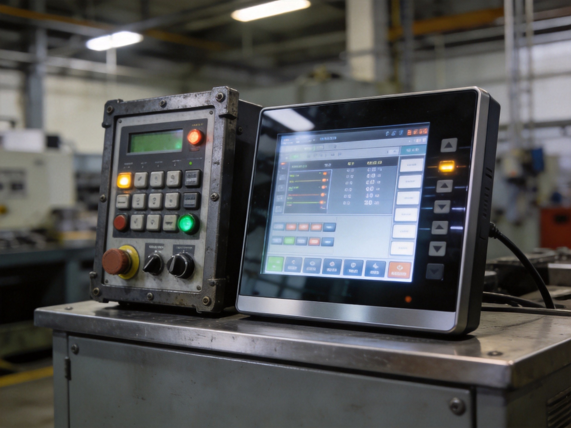 Parallel operation setup with legacy push-button panel and new touchscreen panel PC mounted side by side during transition phase