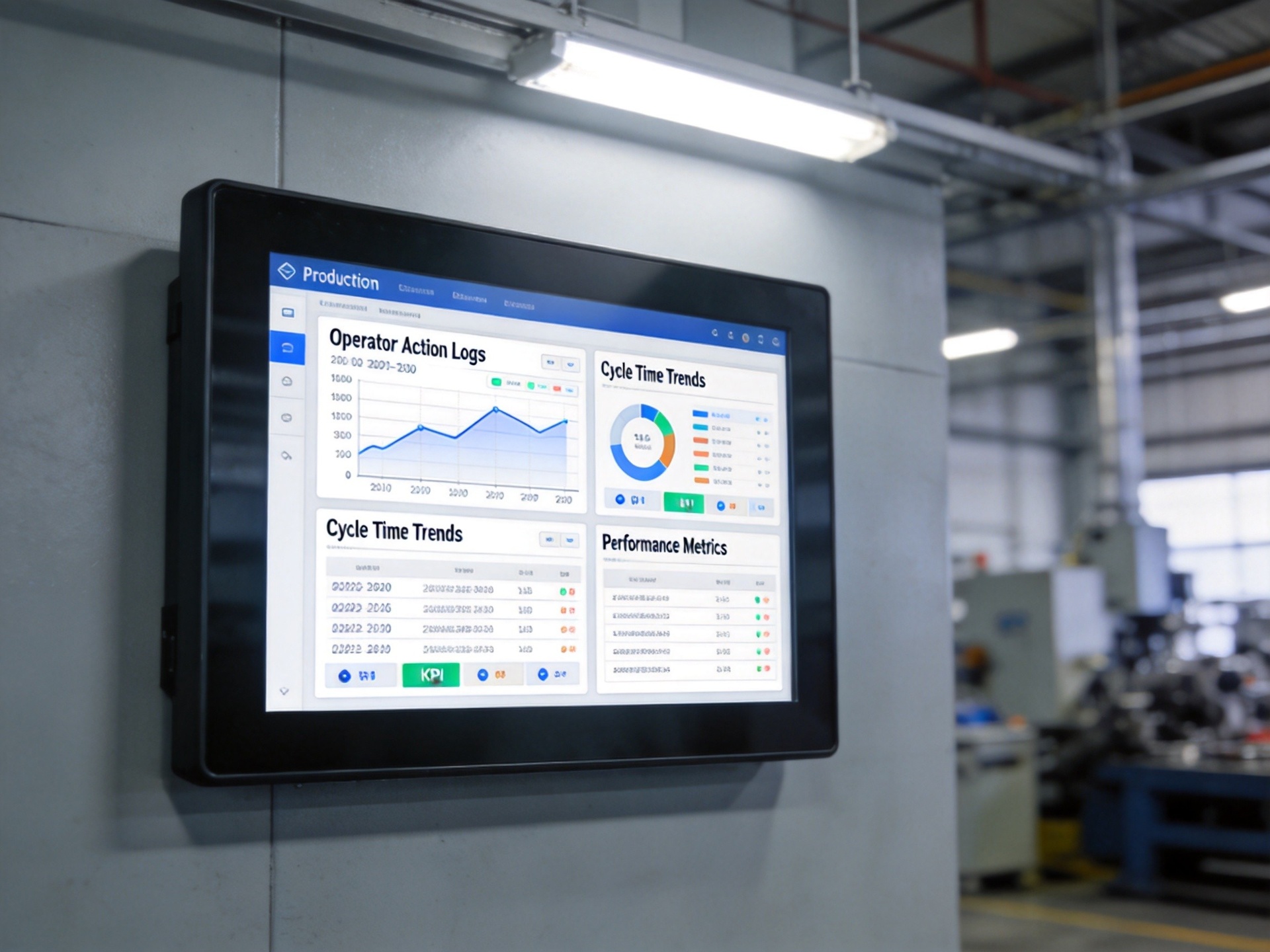 Touchscreen panel PC displaying production analytics dashboard with operator action logs and cycle time trends