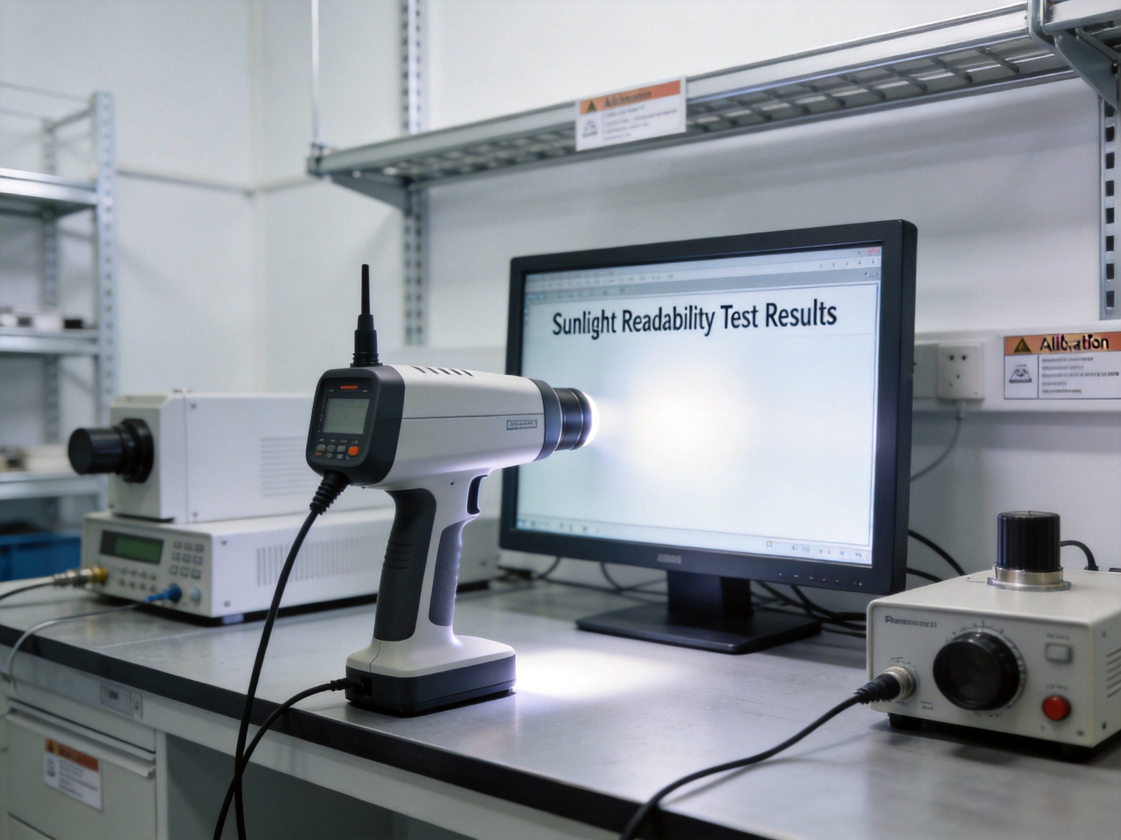 Industrial luminance meter measuring high-brightness display panel in photometric testing laboratory