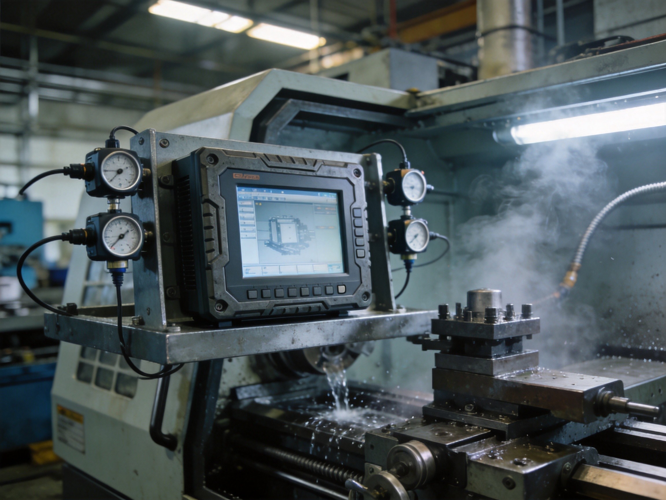 Industrial panel PC with vibration sensors mounted on CNC machine in metalworking workshop