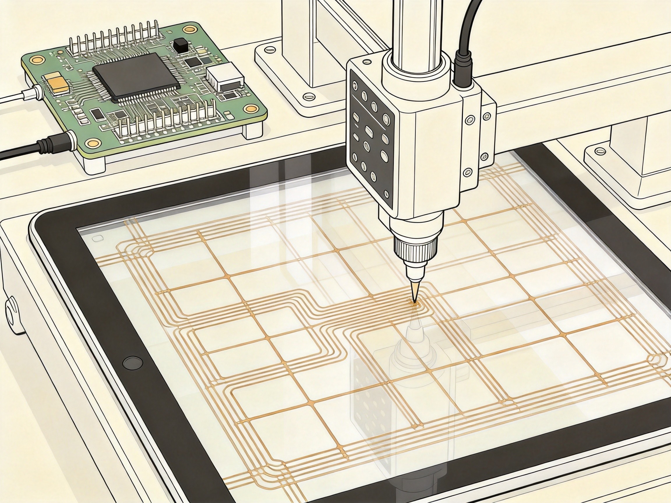 Diagram of projected capacitive touchscreen electrode grid with ITO traces and touch controller board