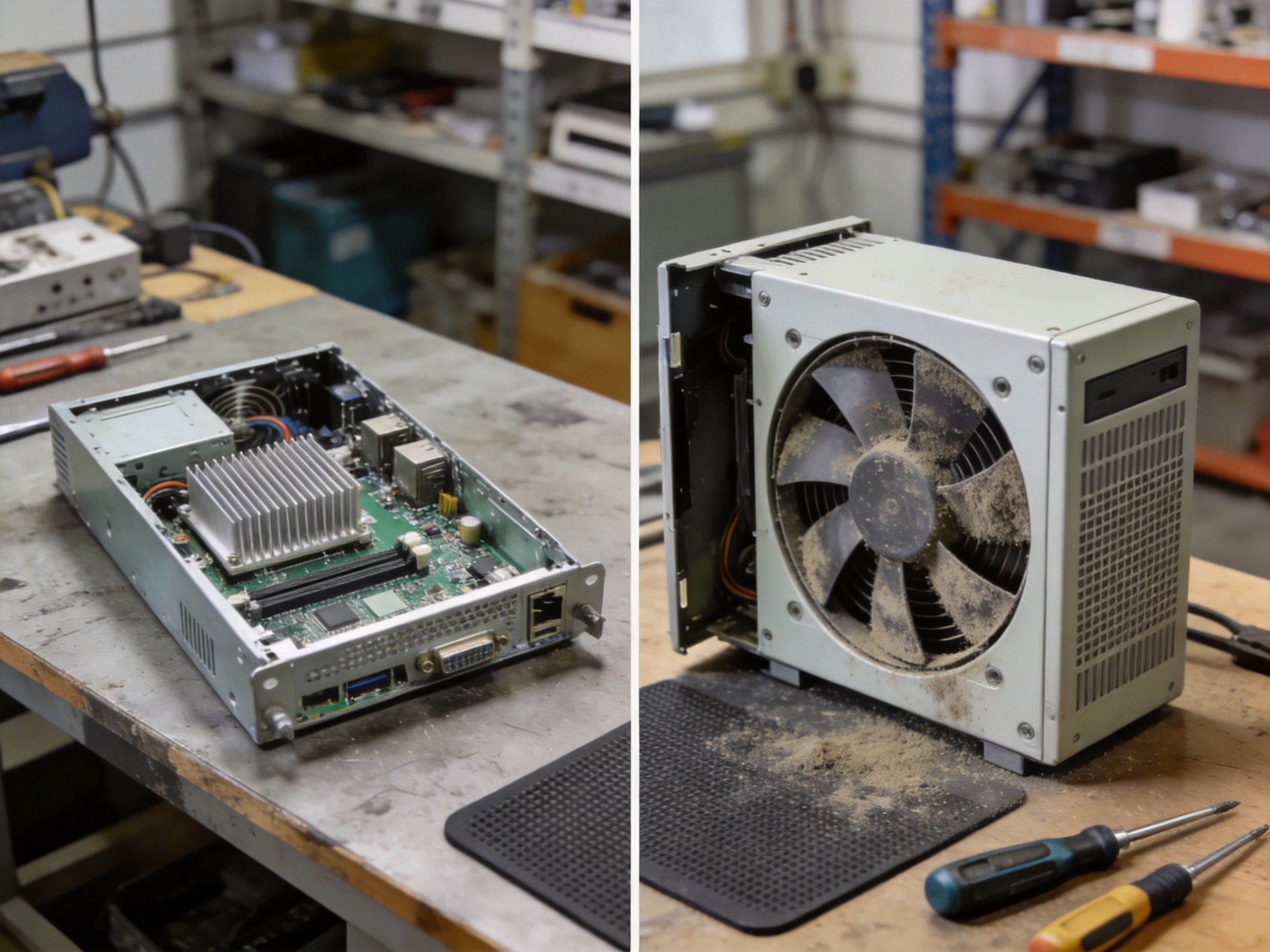 Fanless industrial PC and fanned industrial computer side-by-side comparison in maintenance workshop