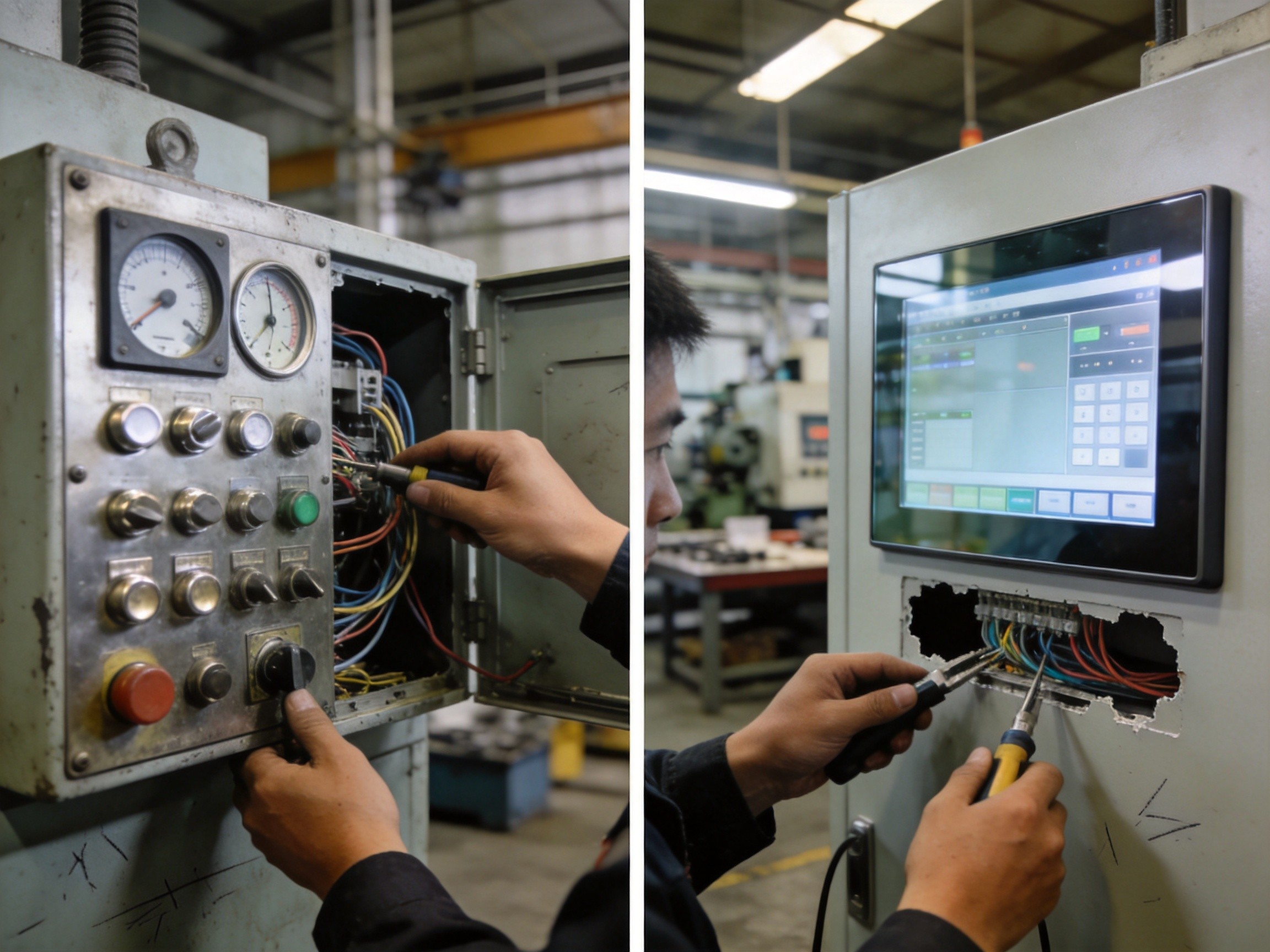 Old push-button control panel being replaced with modern touchscreen industrial panel PC in factory retrofit