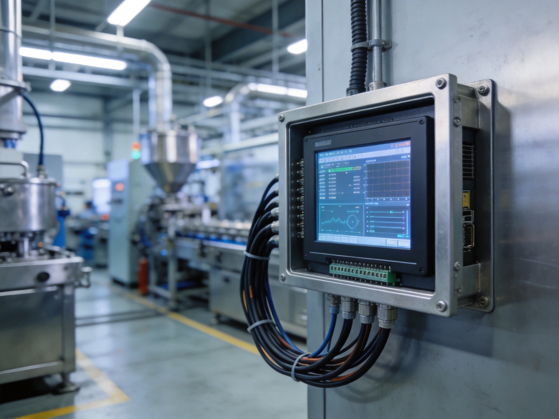 Edge computing architecture diagram displayed on industrial touchscreen in factory