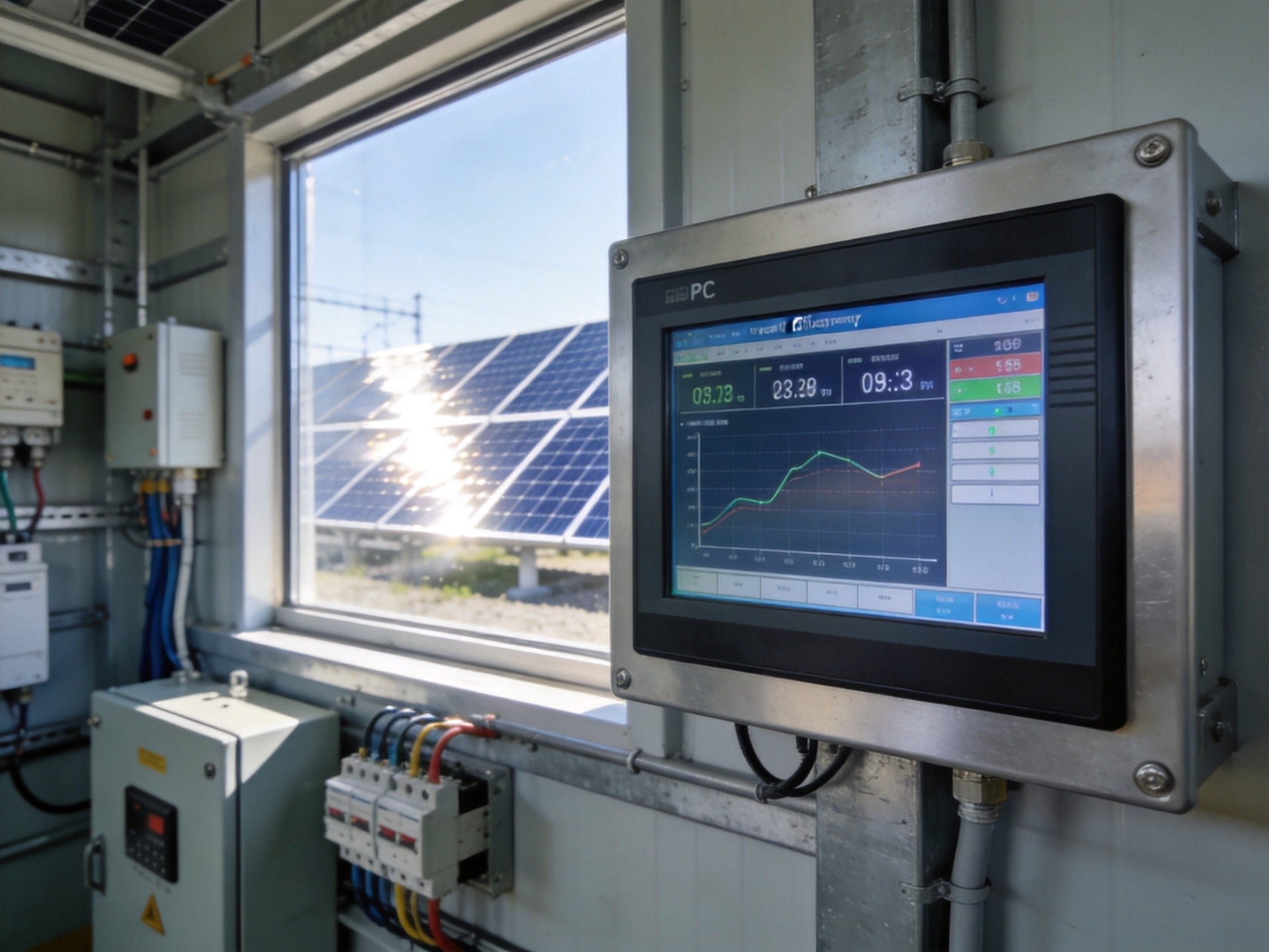 IP65-rated industrial panel PC deployed in outdoor solar substation under harsh desert conditions