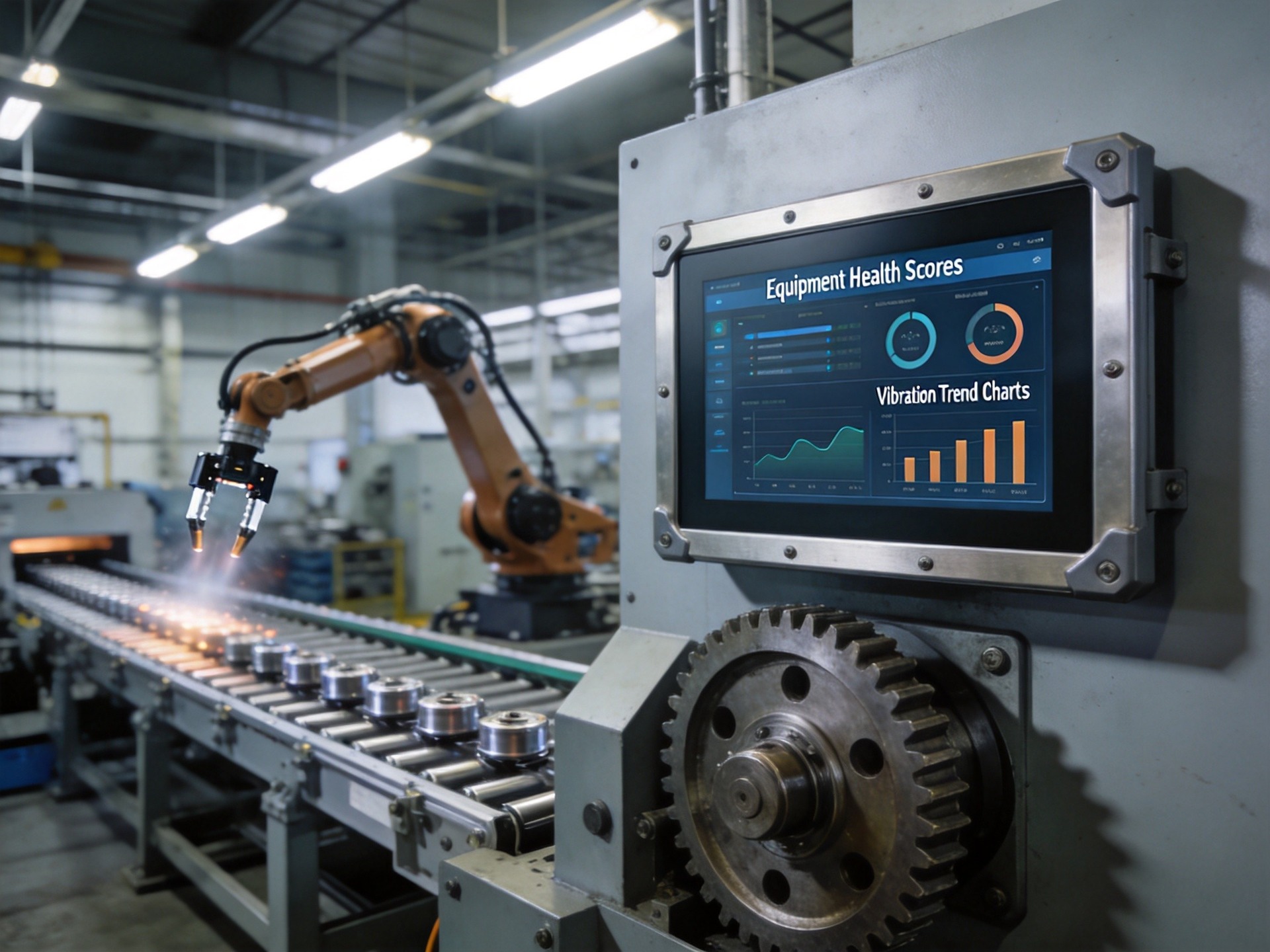 Industrial panel PC monitoring vibration data from production line machinery for predictive maintenance