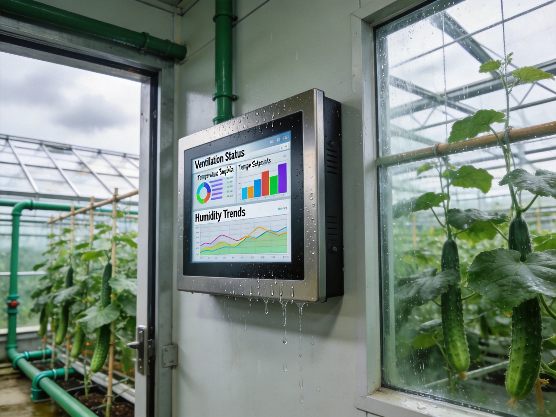 IP65-rated industrial panel PC operating in humid greenhouse environment with condensation