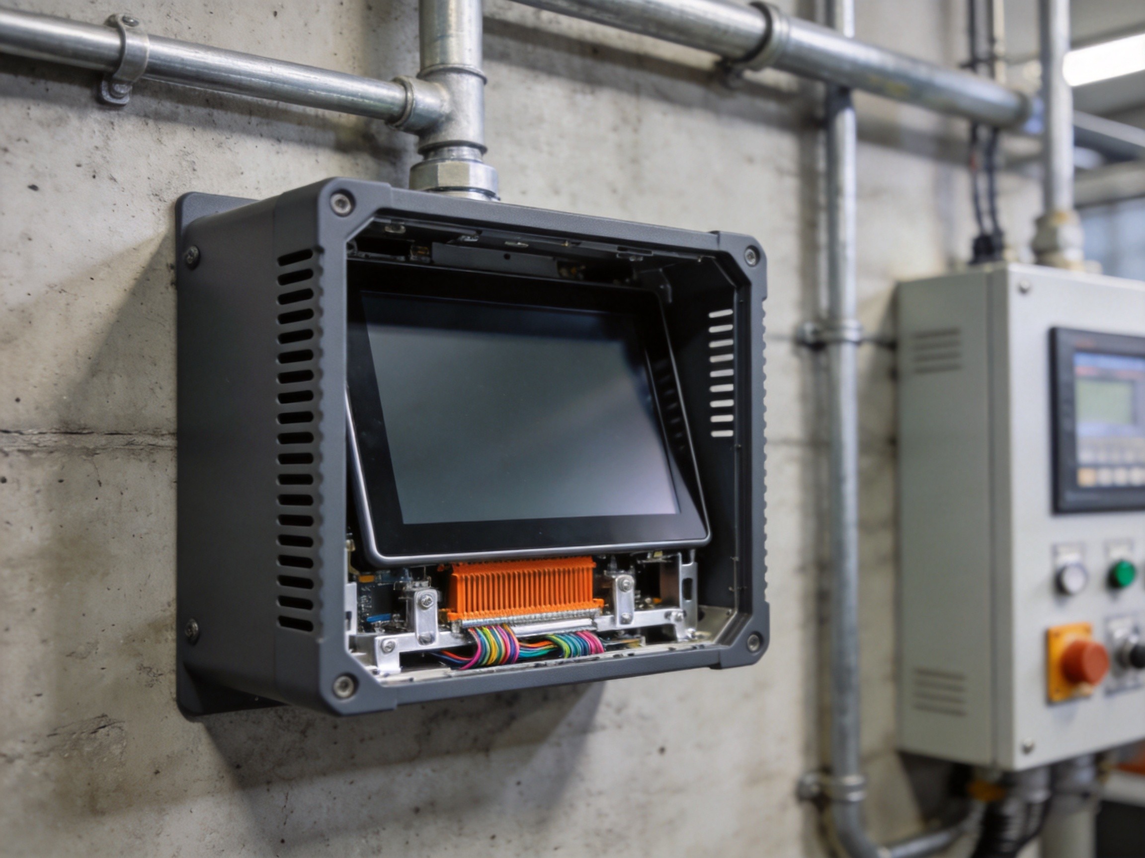 Sealed enclosed industrial panel PC with IP65 rating on stainless steel arm in food processing facility