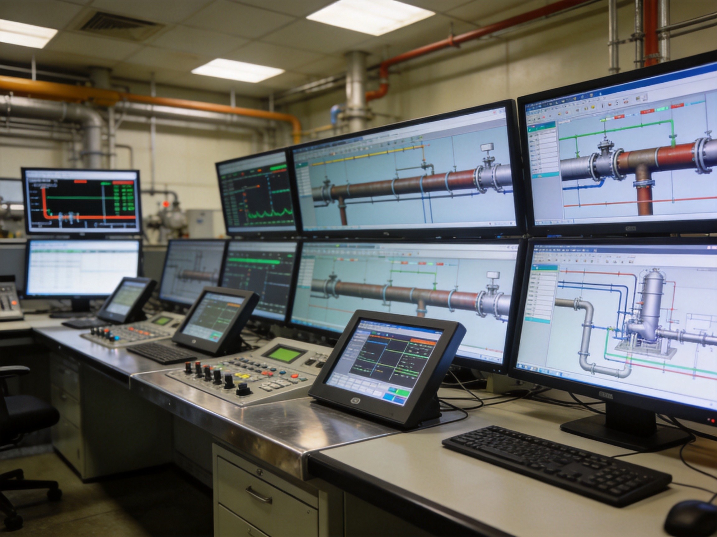 Panel PC with dual display outputs connected to multiple monitors in control room console