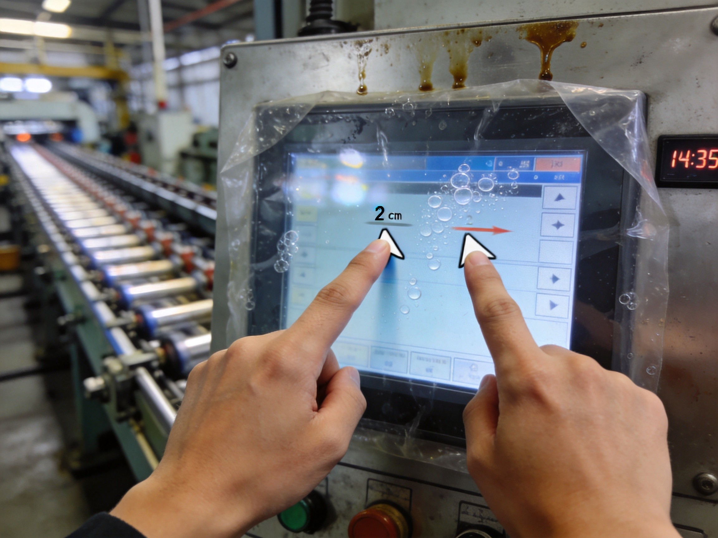 Technician performing touchscreen calibration verification on industrial panel PC