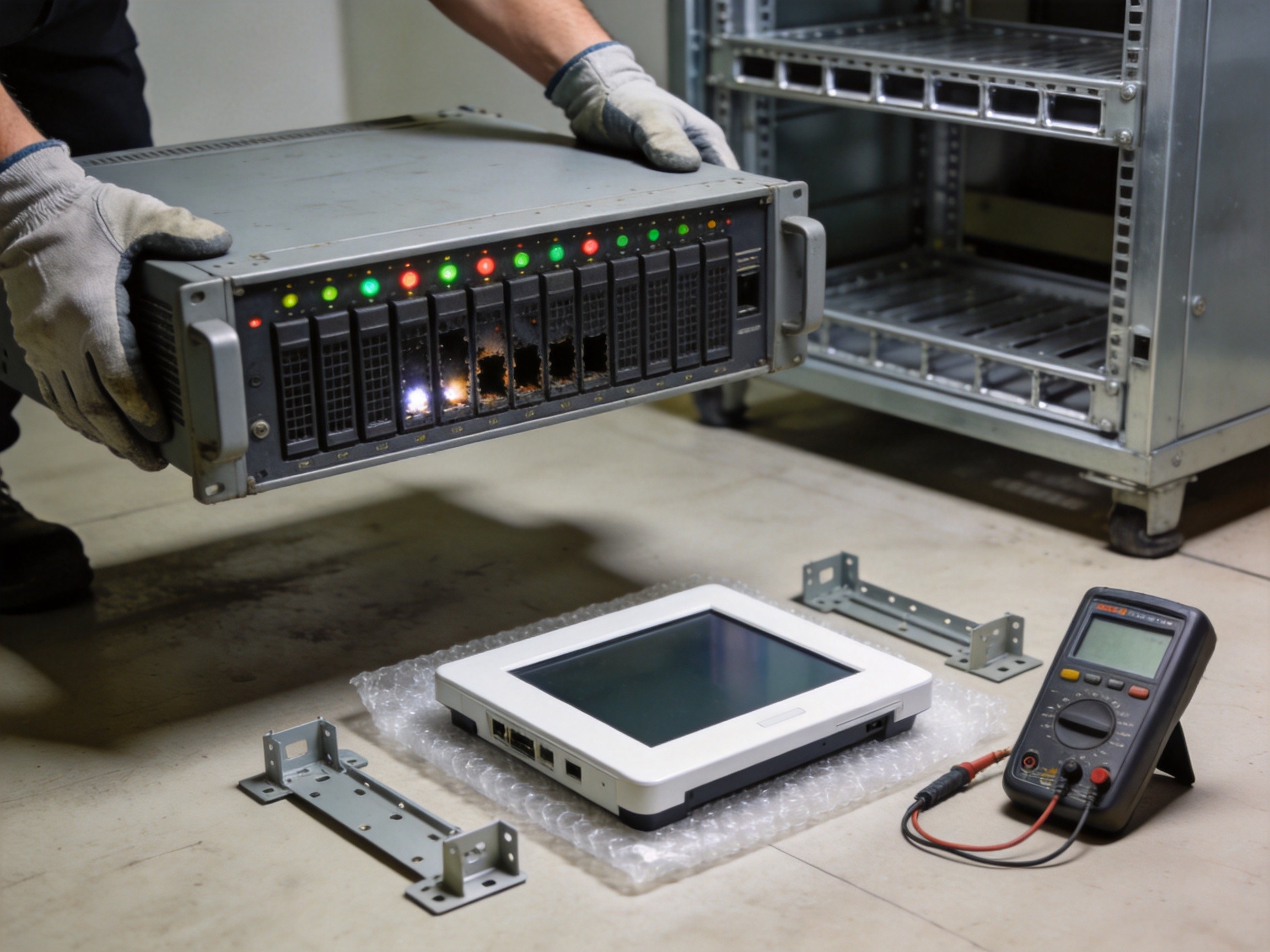 Crowded 19-inch rack cabinet vs clean DIN rail embedded panel PC setup
