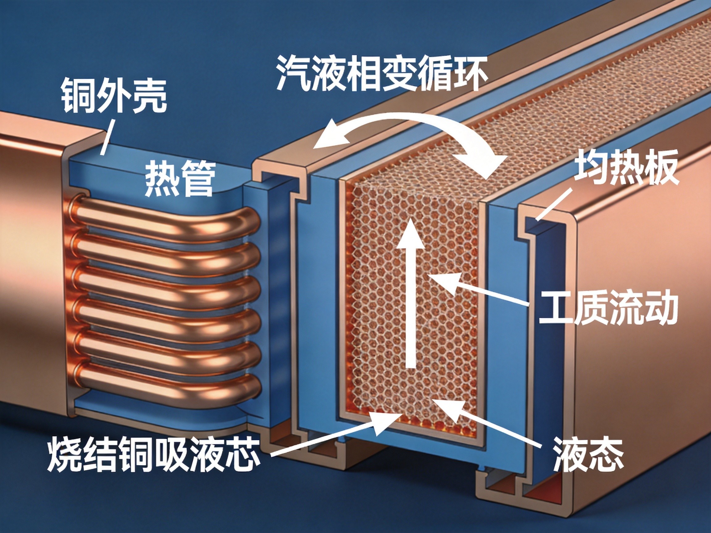 Cross-section diagram of heat pipe internal structure showing wick material and vapor chamber