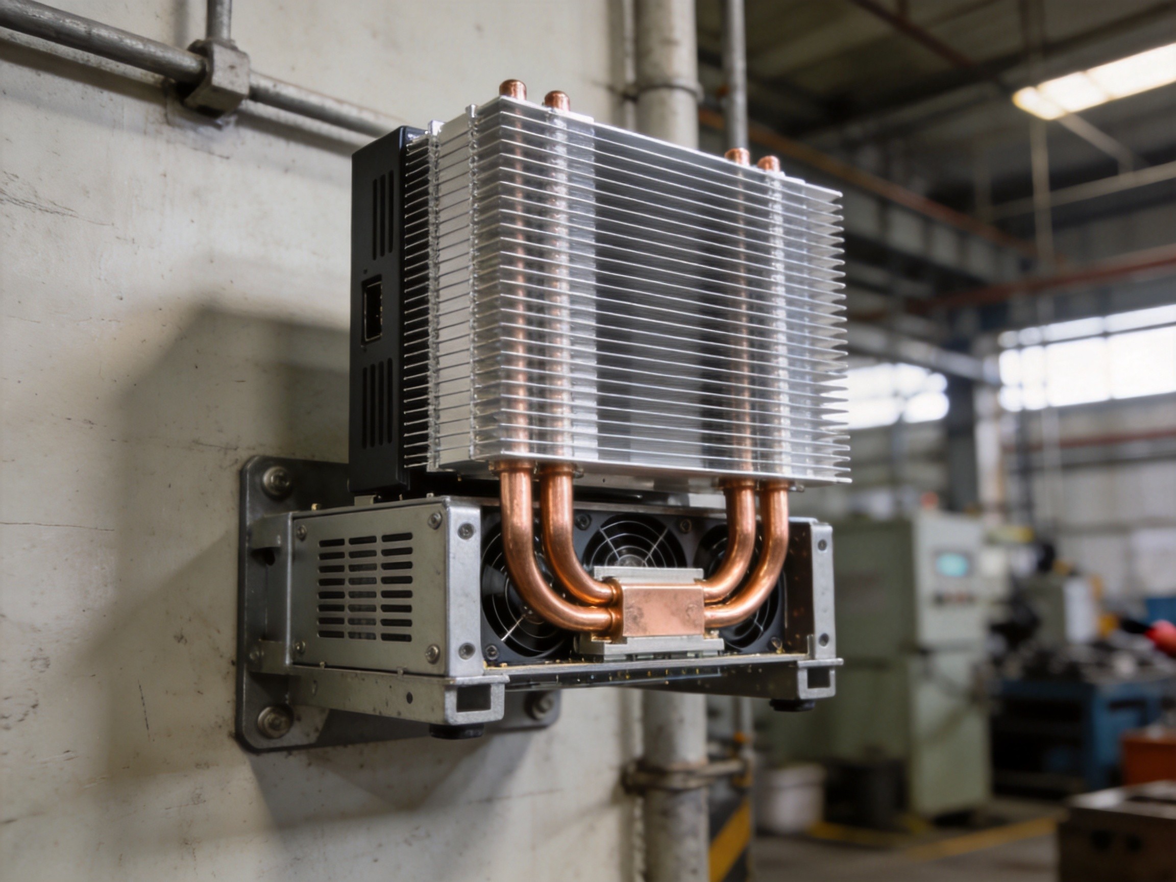 Industrial fanless mini PC with dual heat pipes connecting to large external fin stack on aluminum chassis