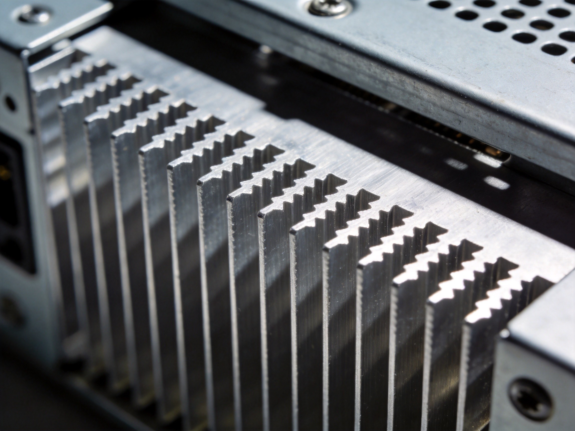 Close-up view of aluminum fin stack with precise spacing and serrated fin geometry on industrial PC chassis