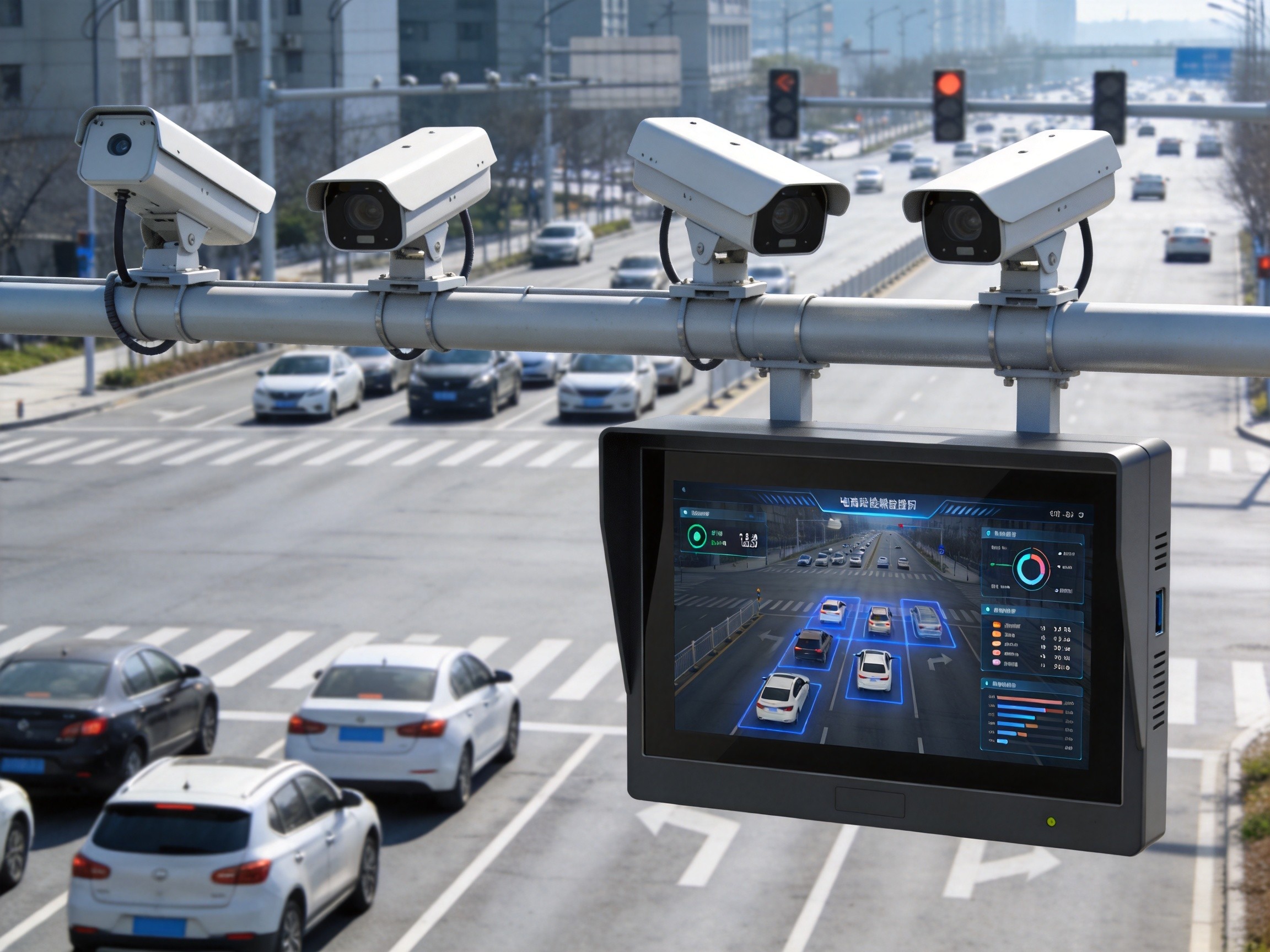 Multi-camera smart intersection with traffic flowing and panel PC visualizing detection zones