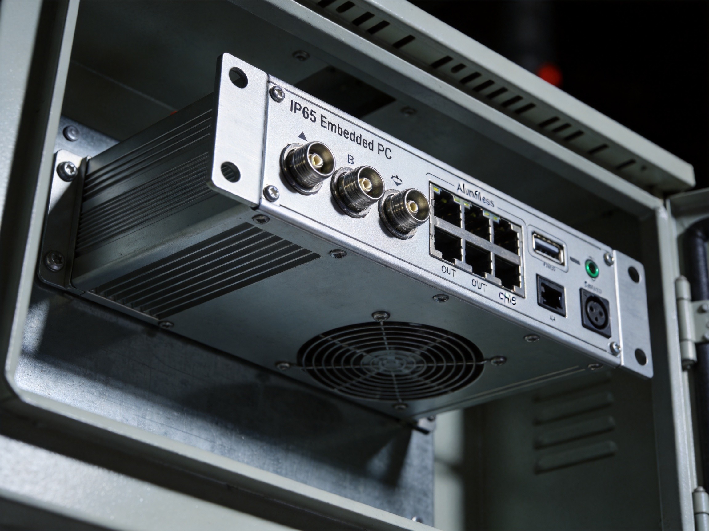 Close-up of embedded panel PC with IP65 front bezel and M12 connectors in traffic cabinet