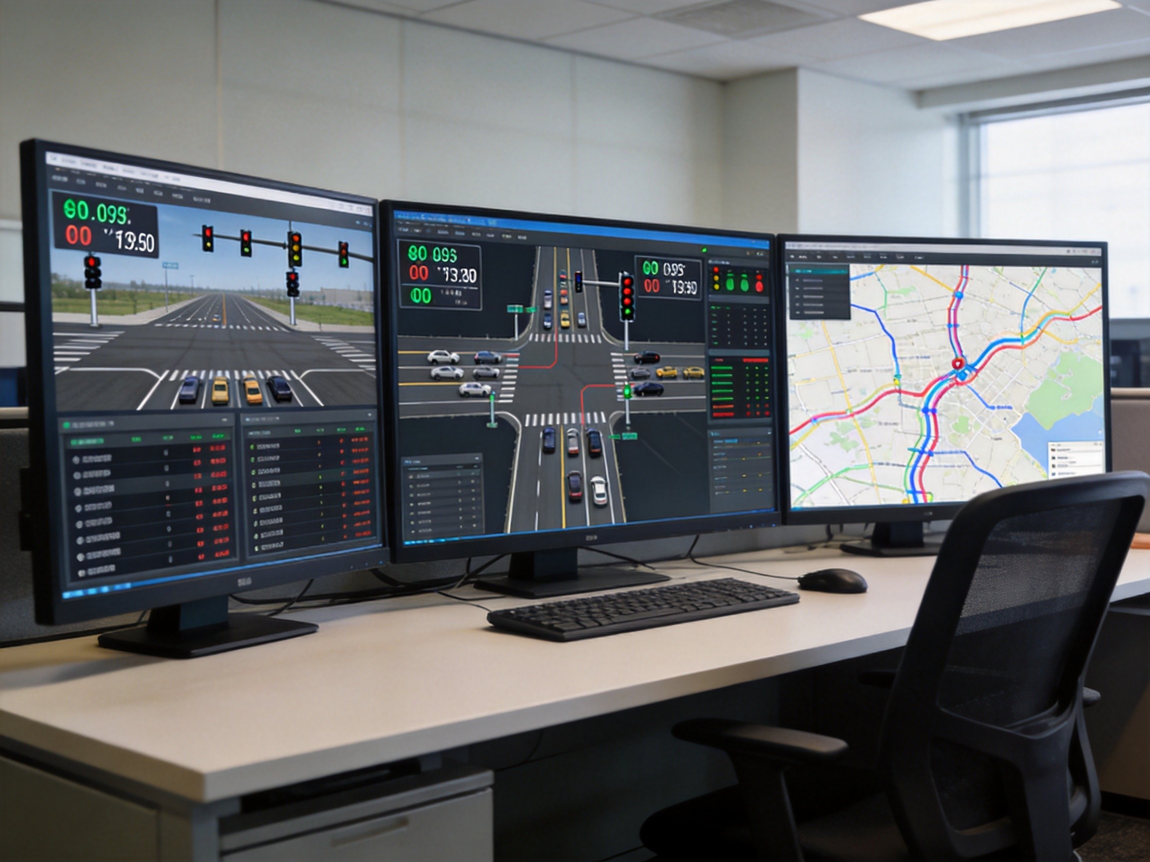 Urban traffic management center dashboard showing multiple intersection statuses with real-time adaptive control