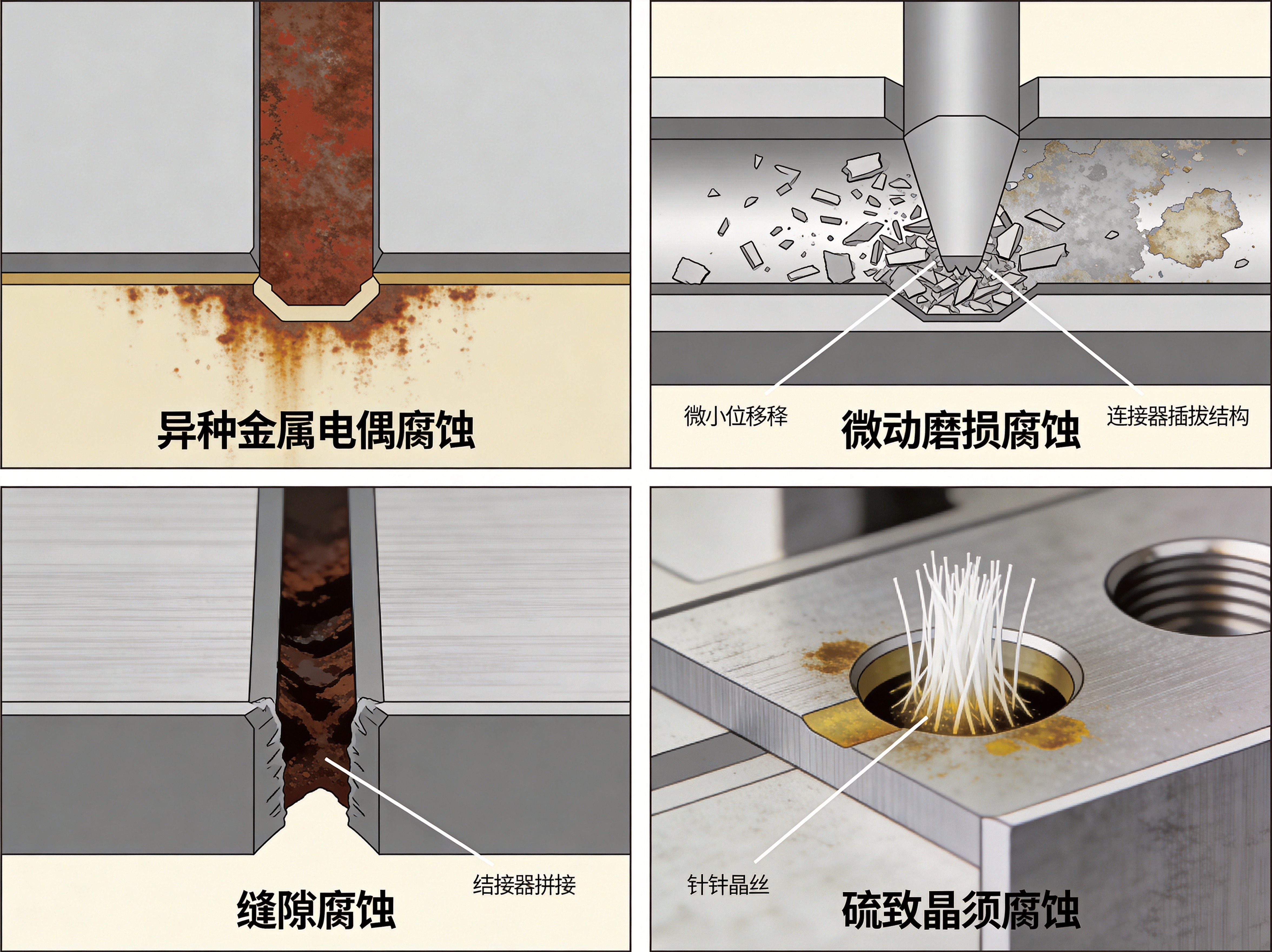 Diagram illustrating four types of connector corrosion mechanisms with cross-section views