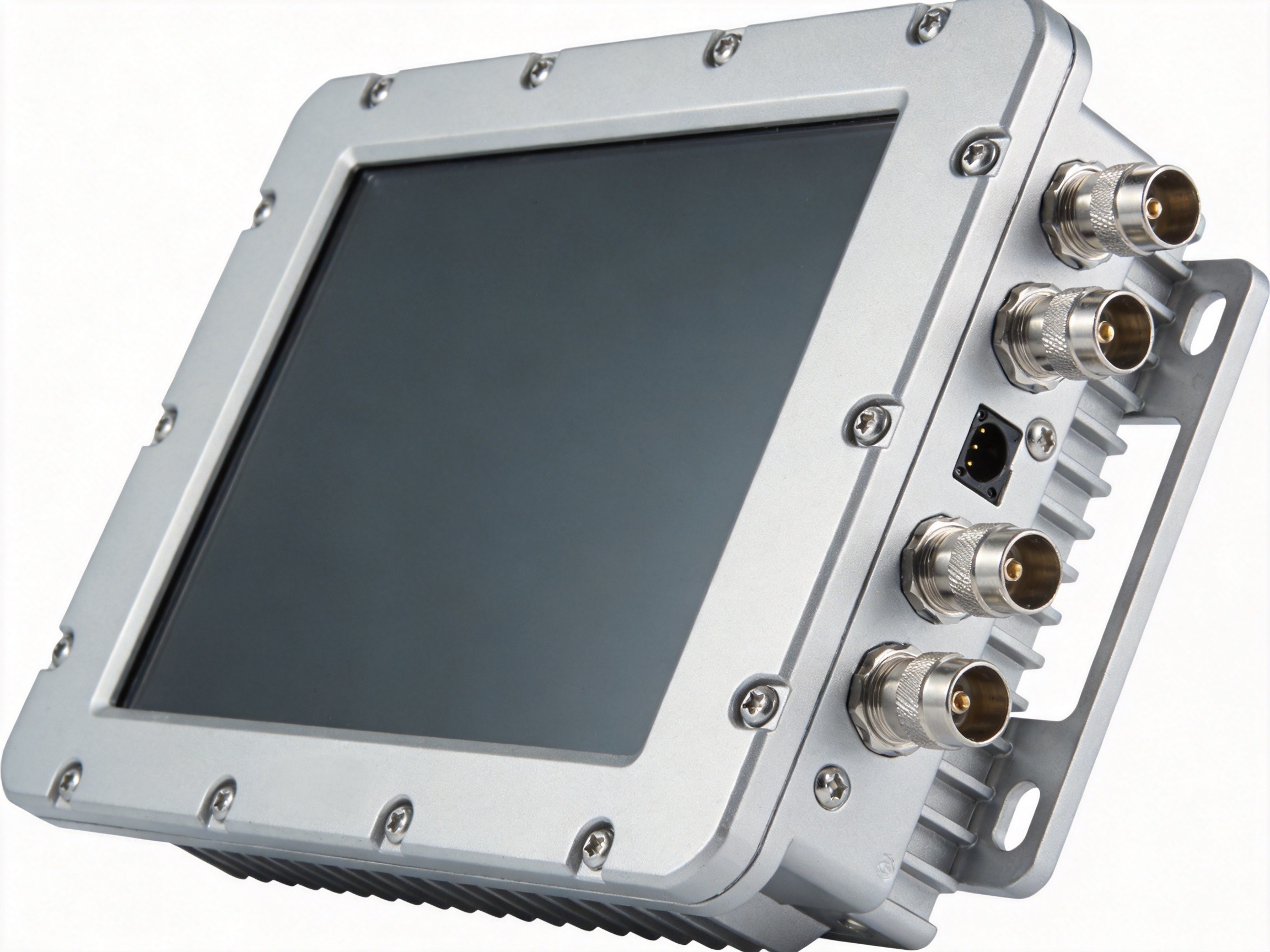 Industrial panel PC with sealed M12 I/O connectors and IP65-rated protective caps on unused ports