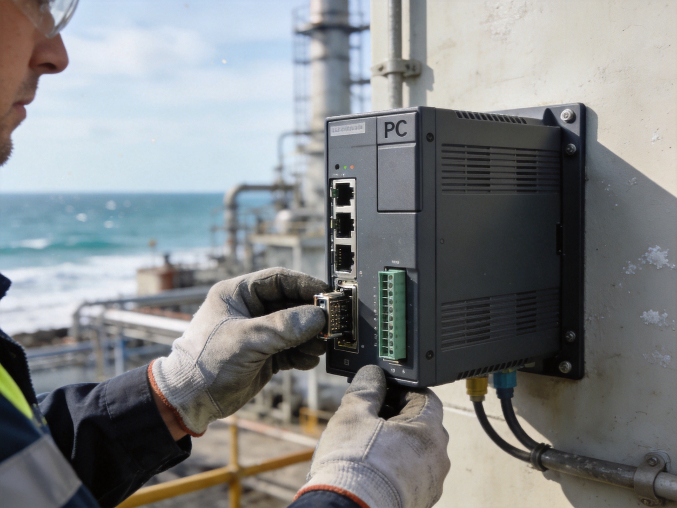 Technician inspecting industrial PC I/O connectors with endoscope camera in a coastal wastewater facility
