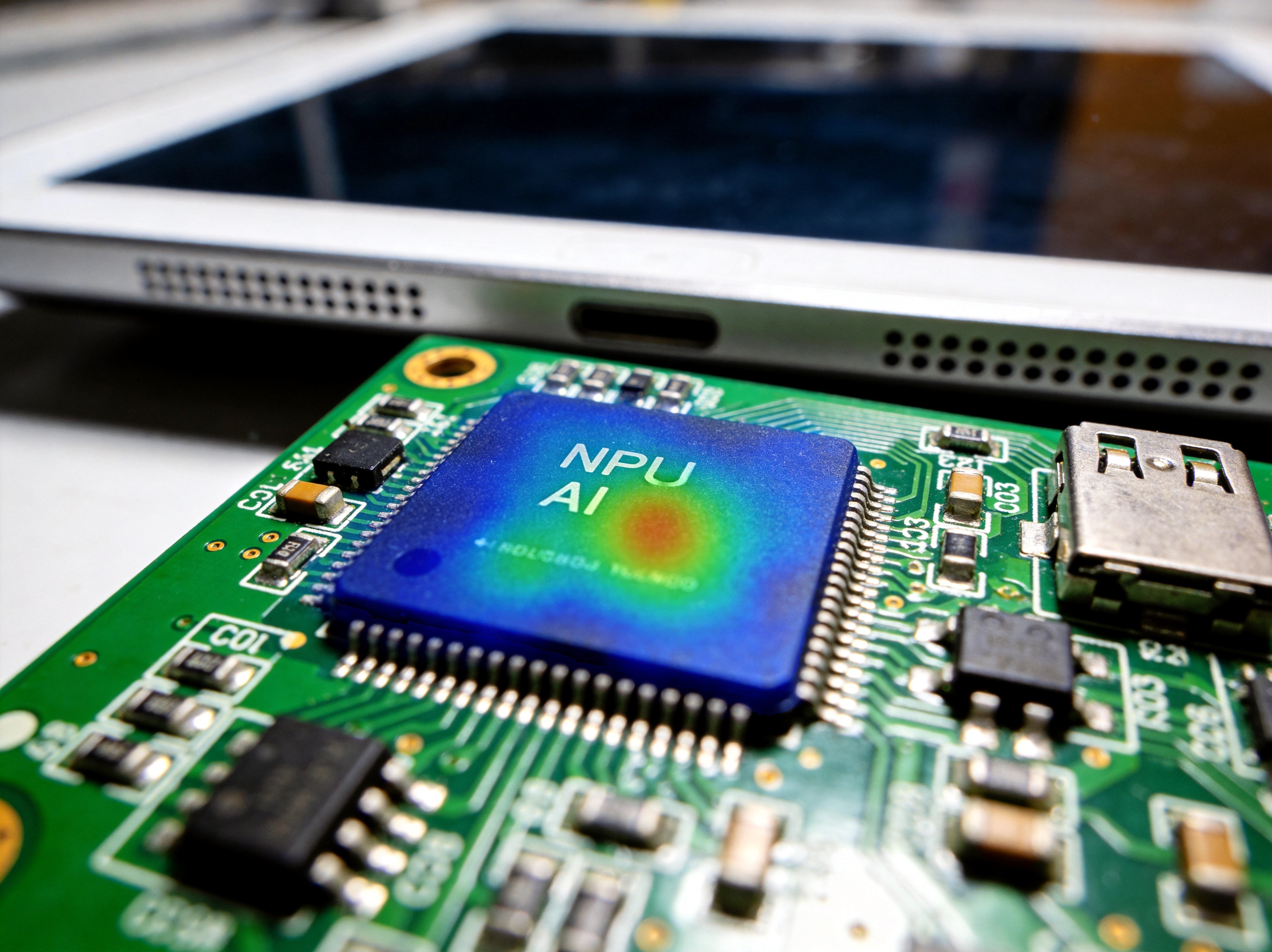 A close-up of a low-power NPU chip on a green PCB, with a thermal camera overlay showing minimal heat signature, contrasted against the rugged metal housing of a panel PC in the background.