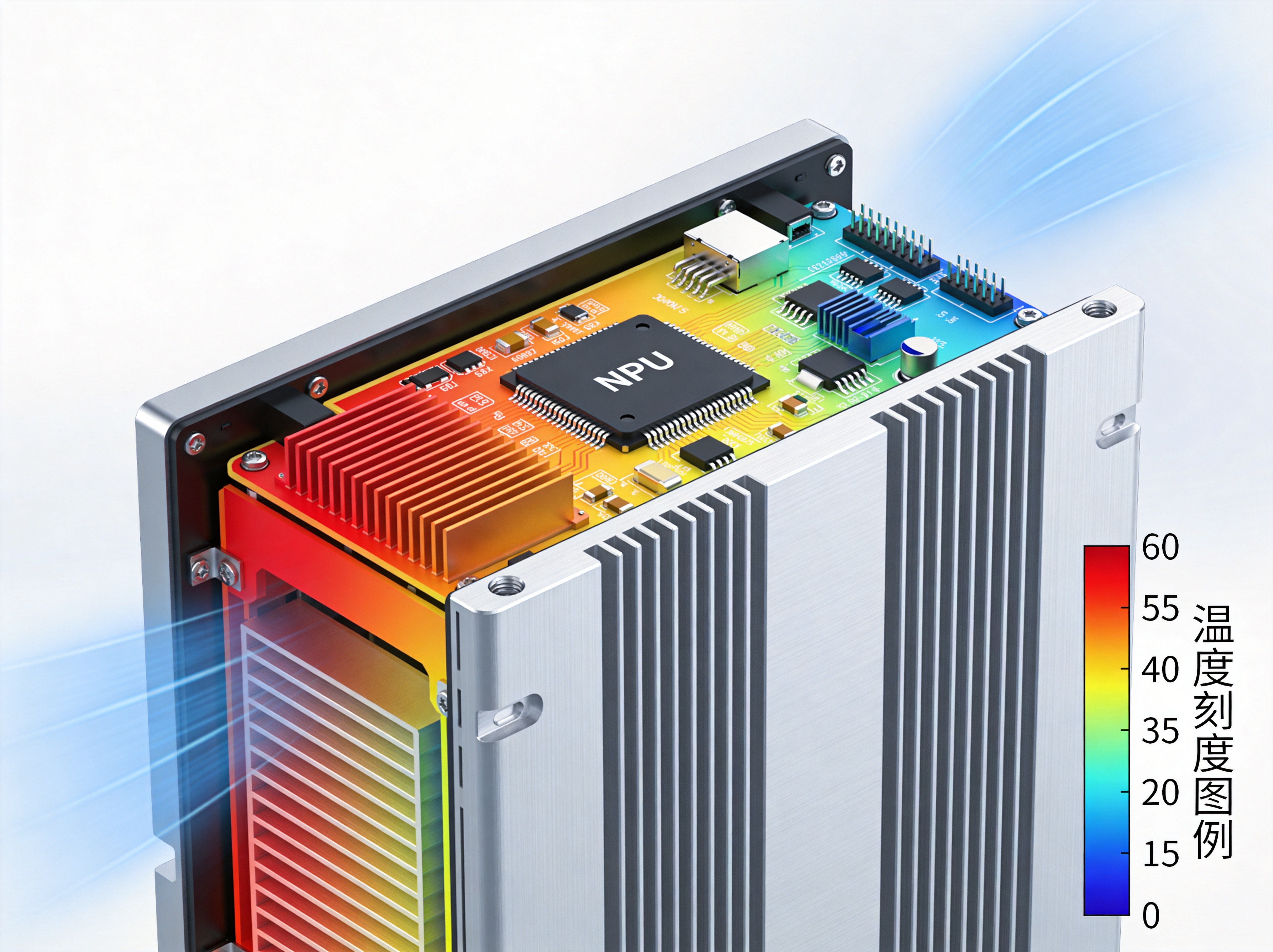A cutaway technical illustration showing the internal architecture of a panel PC: mainboard, NPU accelerator module, touchscreen controller, and sealed aluminum chassis, with labeled callouts.