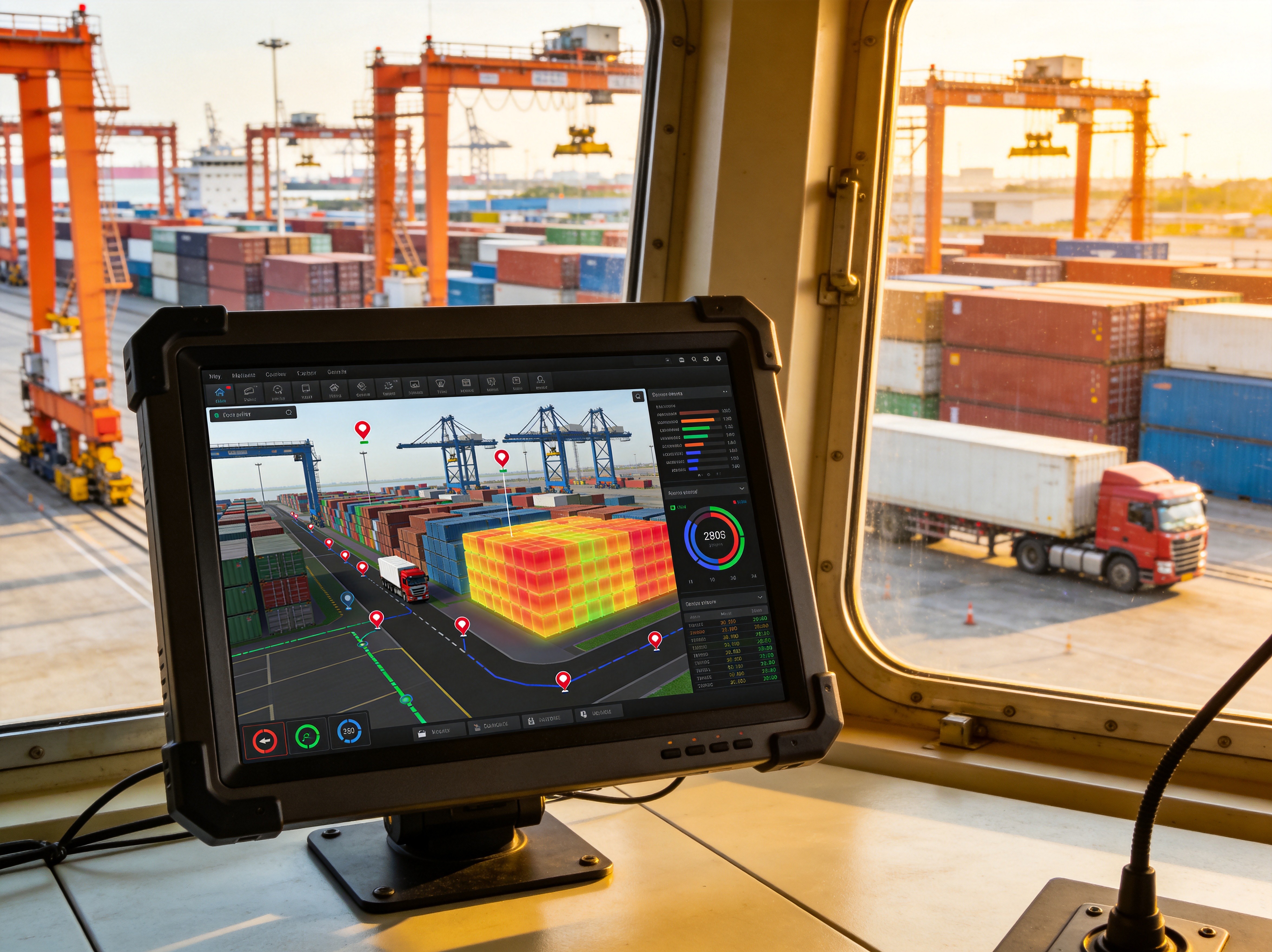 Inside a crane operator cabin, an industrial panel PC mounted on an articulating arm displays container coordinates and OCR camera feed, with the operator