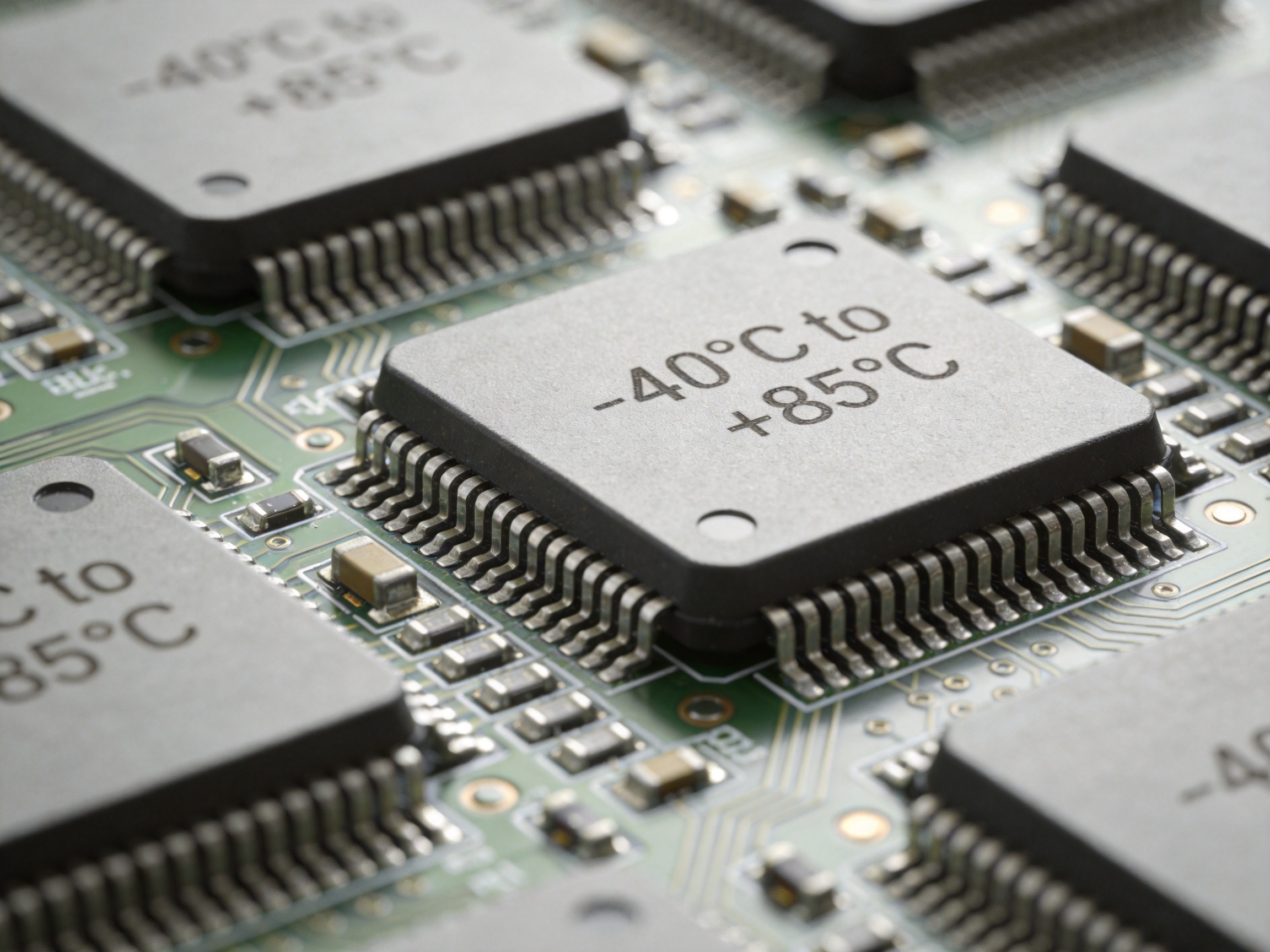 Industrial-grade IC chips on a motherboard with visible -40°C to 85°C temperature range markings on packaging