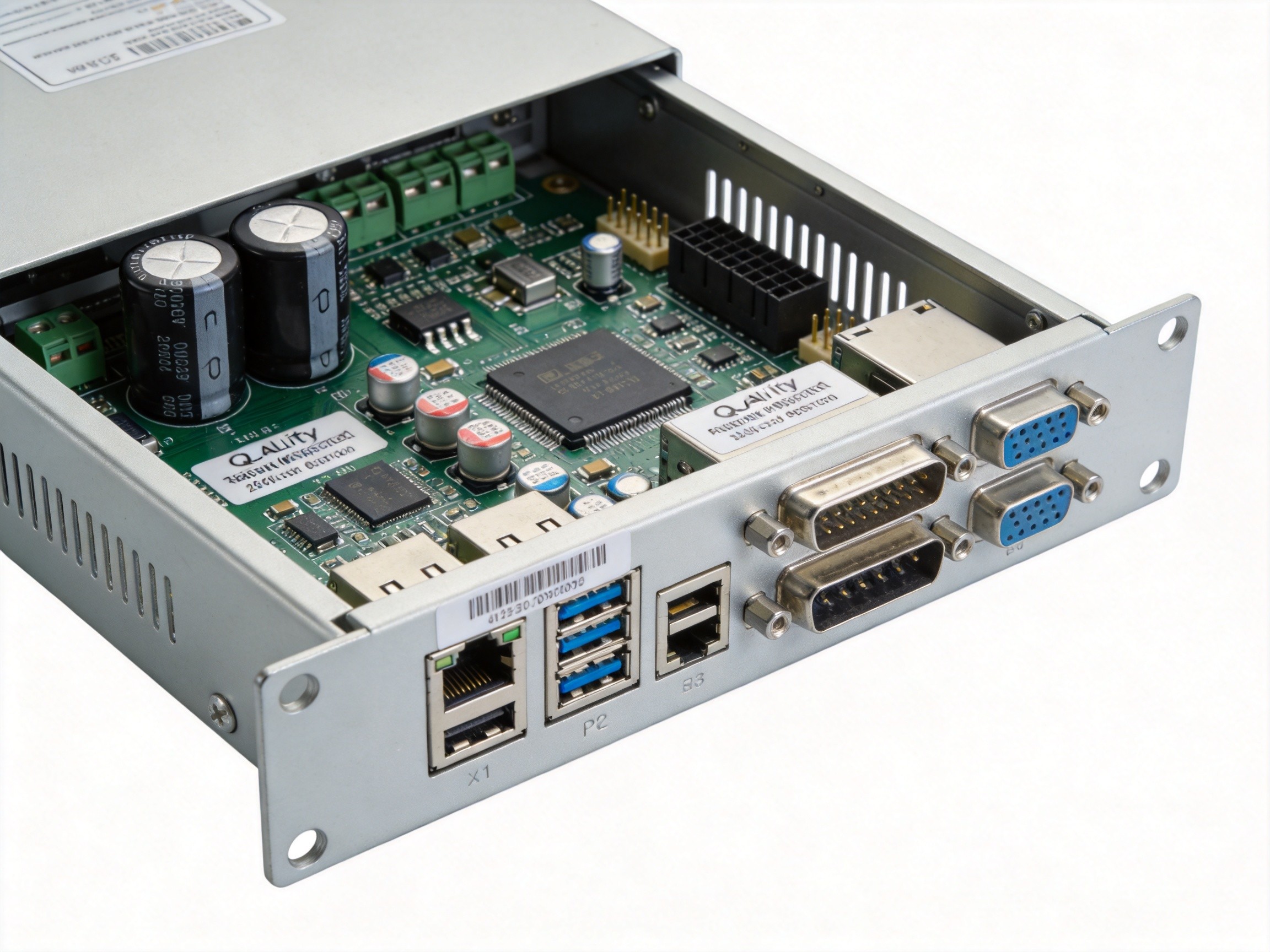 Industrial panel PC with its enclosure opened showing internal components including capacitors, ICs, and connectors with quality inspection labels
