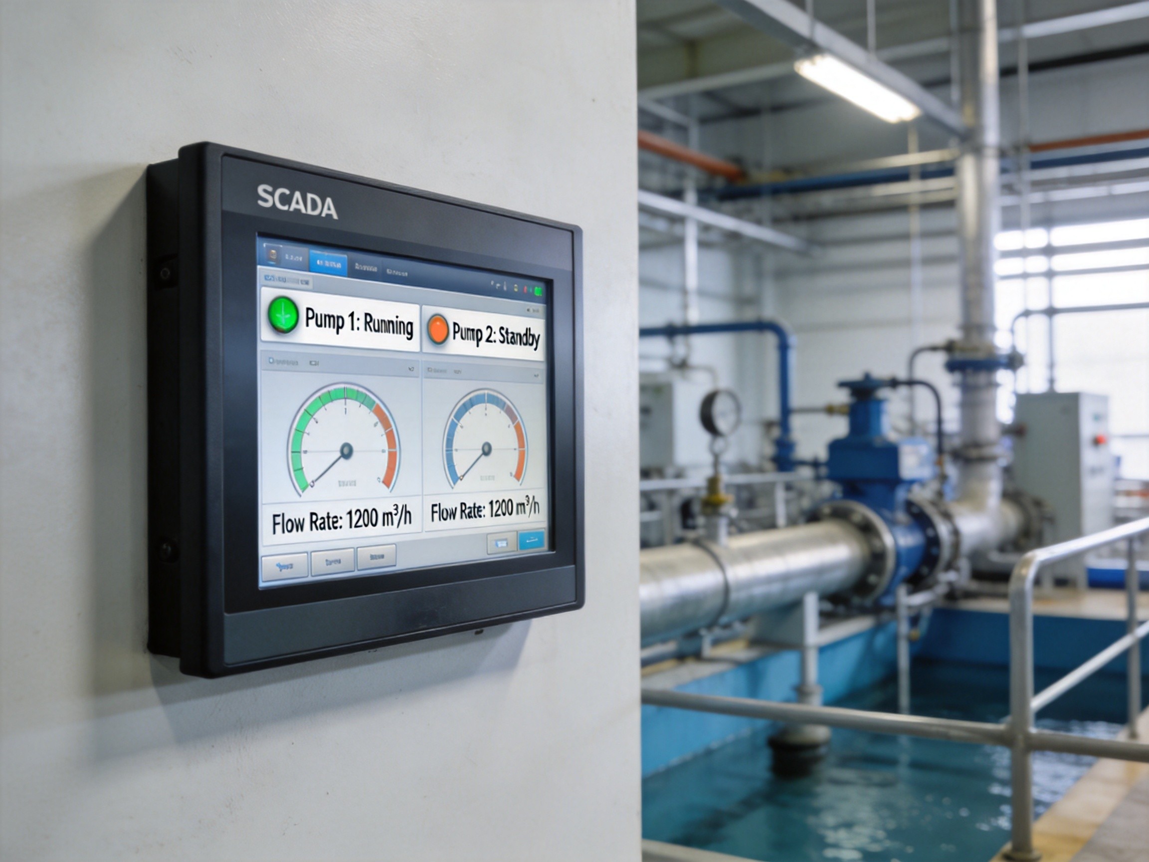 Wall-mounted industrial panel PC displaying a SCADA dashboard with pump status, flow rates, and water quality parameters in a water treatment facility