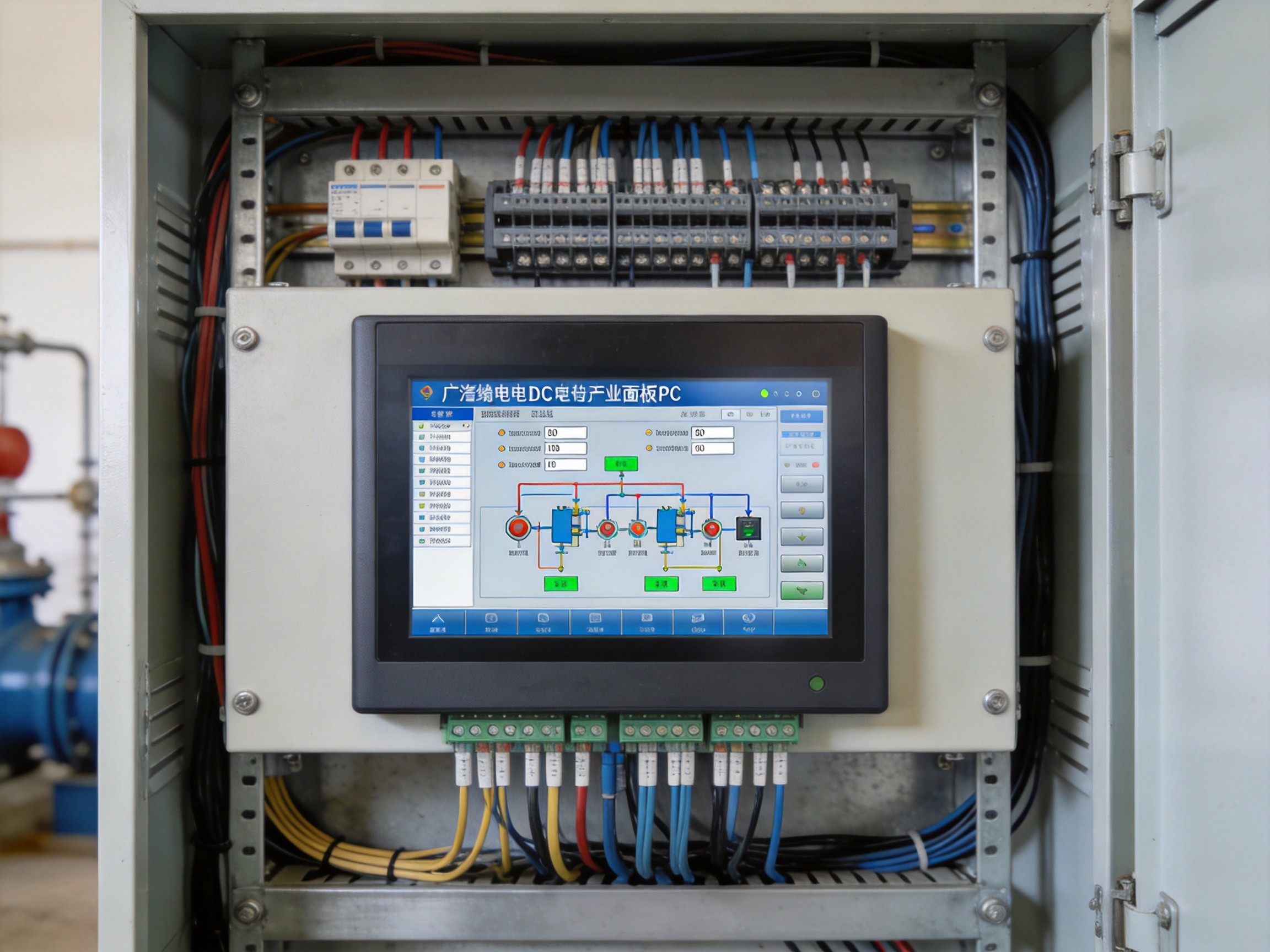 Industrial panel PC with wide-voltage DC power input and redundant power supply module in a remote pumping station control cabinet
