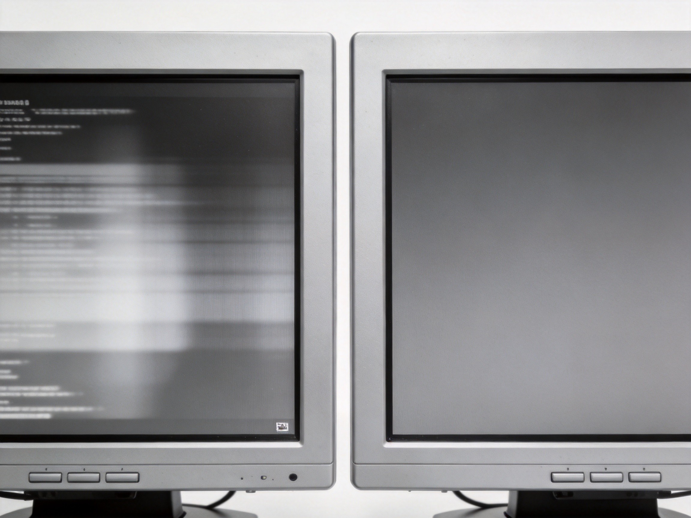 Side-by-side comparison of an industrial LCD display showing visible image persistence ghosting versus a normal display with uniform gray background