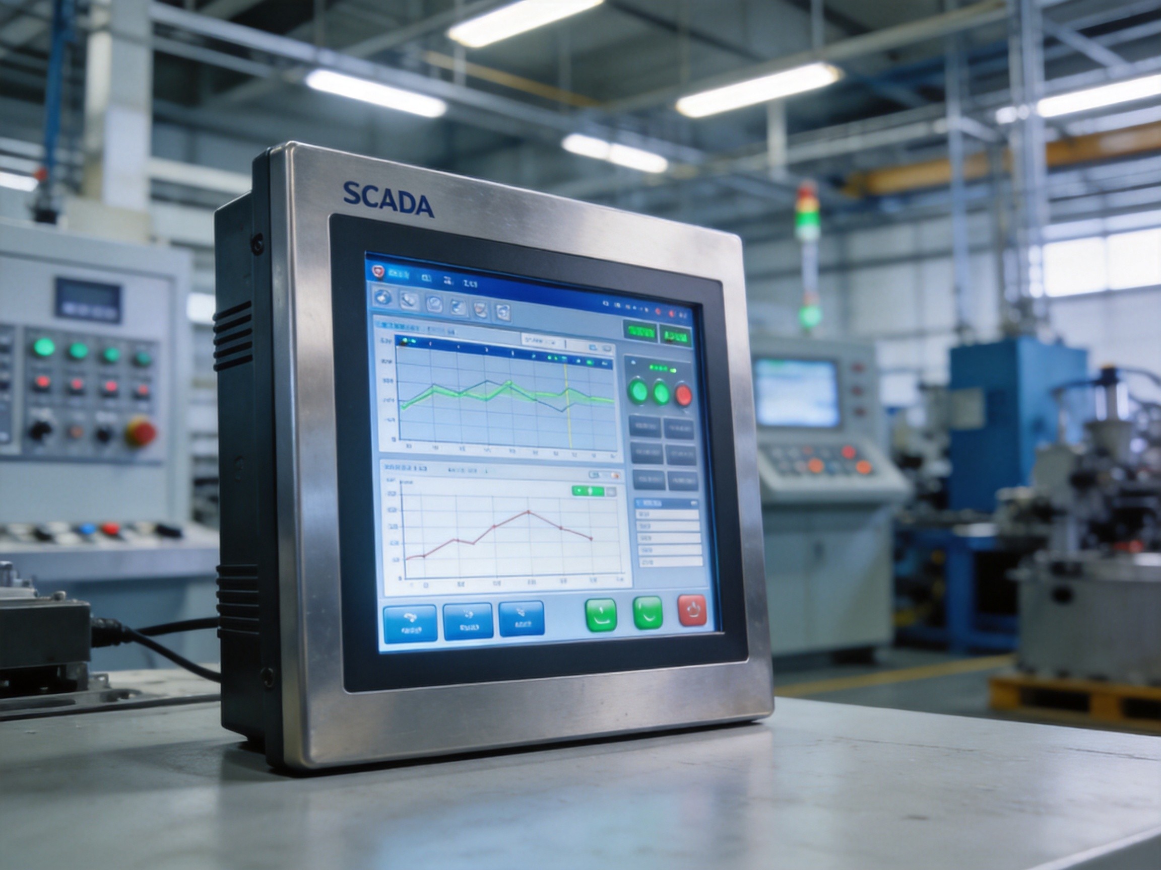 Industrial panel PC in a factory control room showing a SCADA interface with dynamic elements and scheduled screen refresh patterns