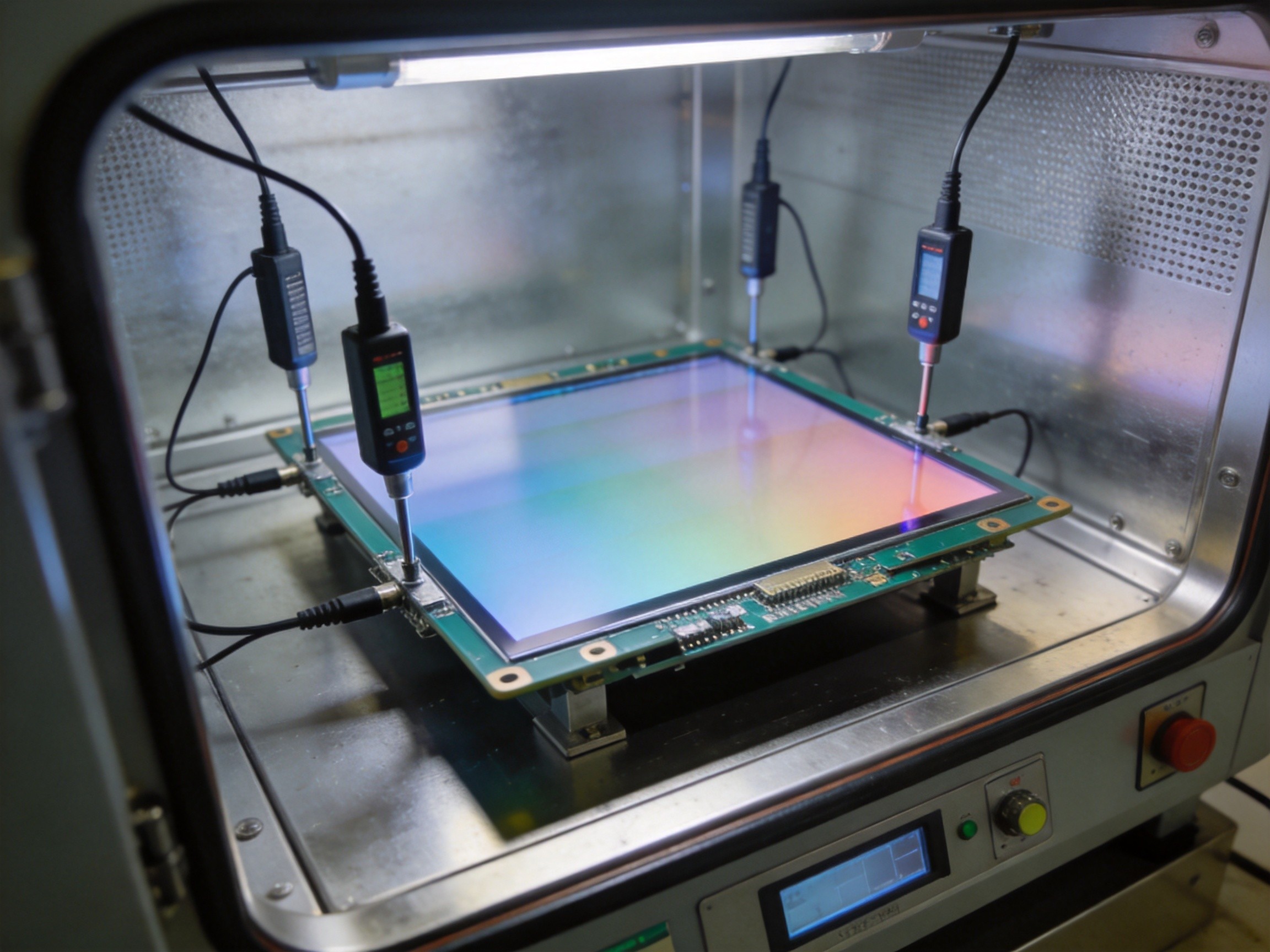Industrial TFT-LCD panel being tested in a thermal chamber with measurement probes monitoring display uniformity and color accuracy