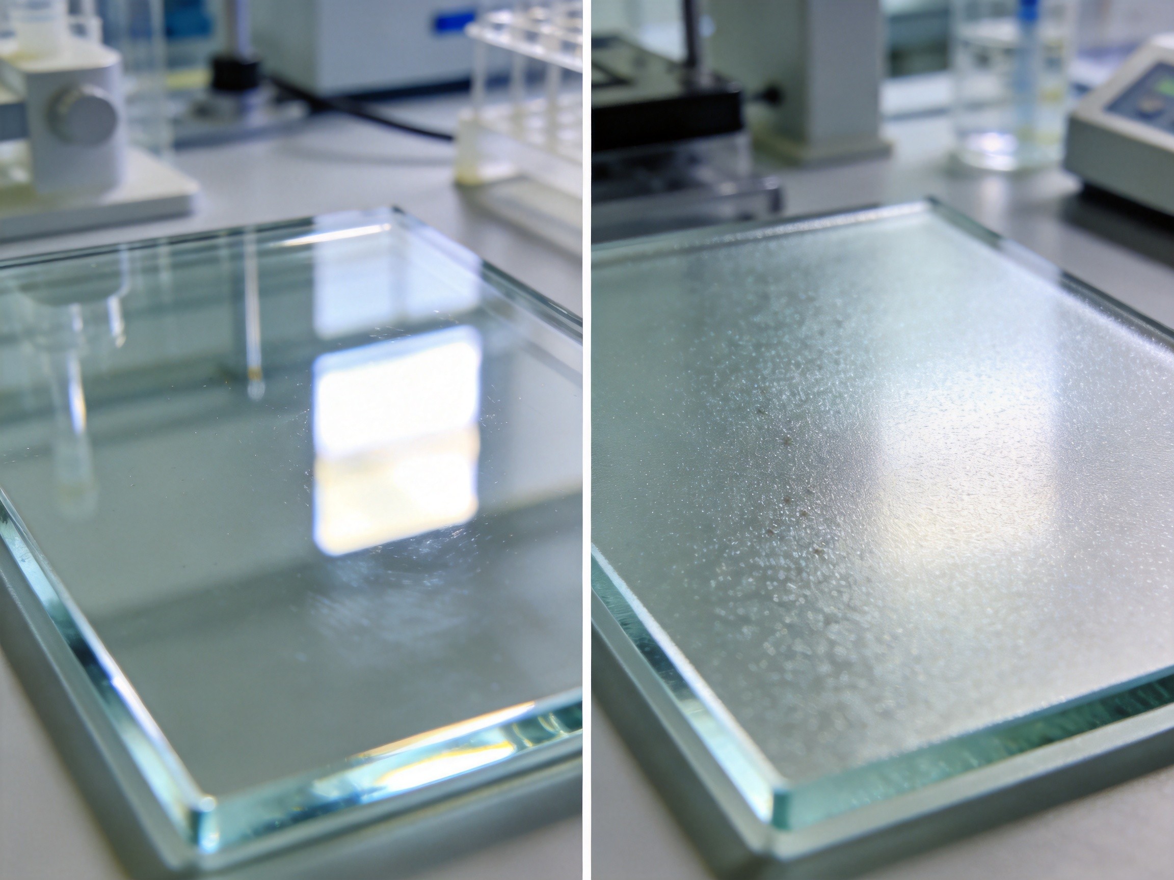 Microscopic comparison of untreated smooth glass surface vs AG-etched surface with controlled roughness for light scattering