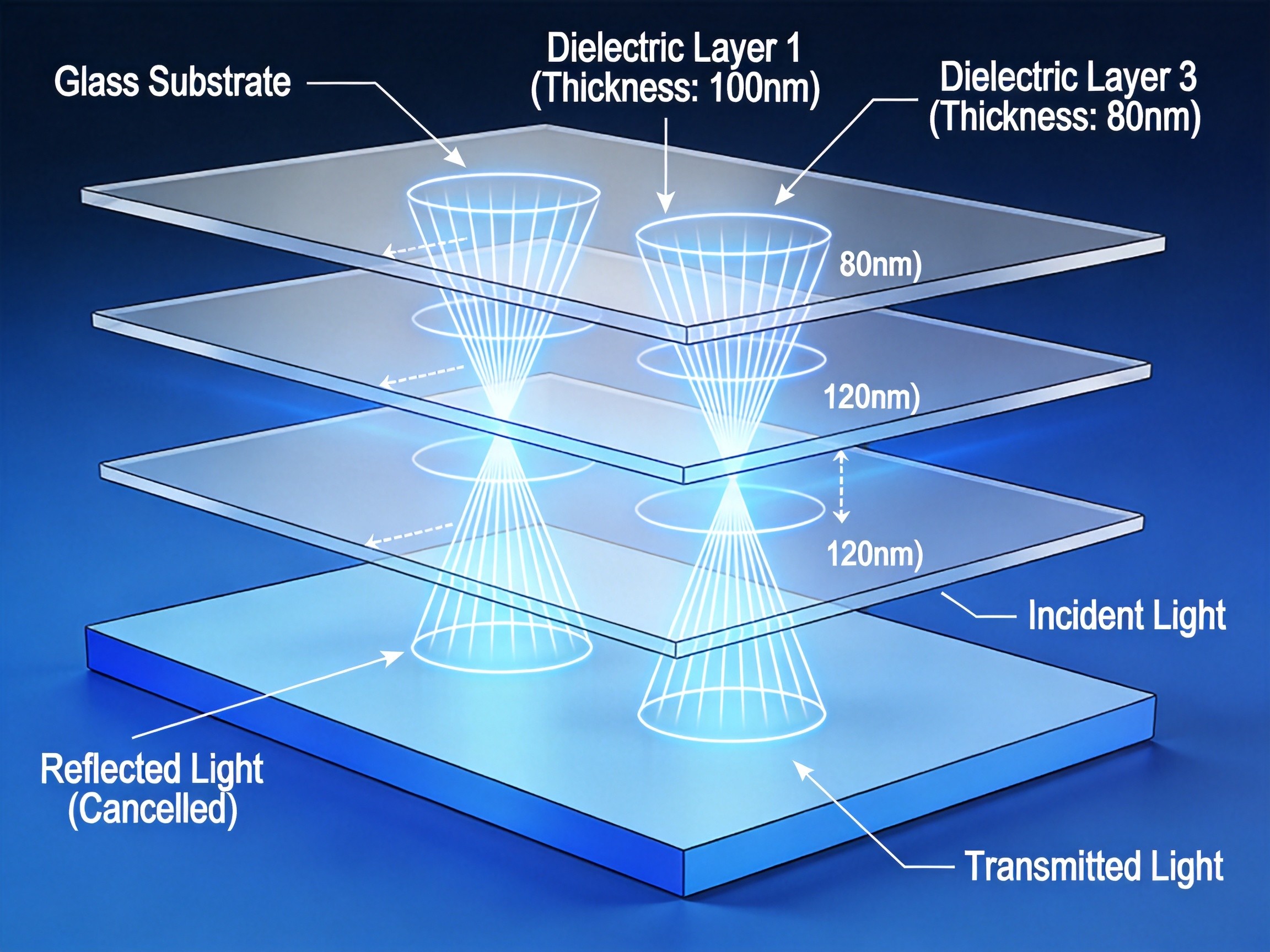 Cross-section diagram of multi-layer AR coating showing thin-film interference layers and destructive interference of reflected light waves