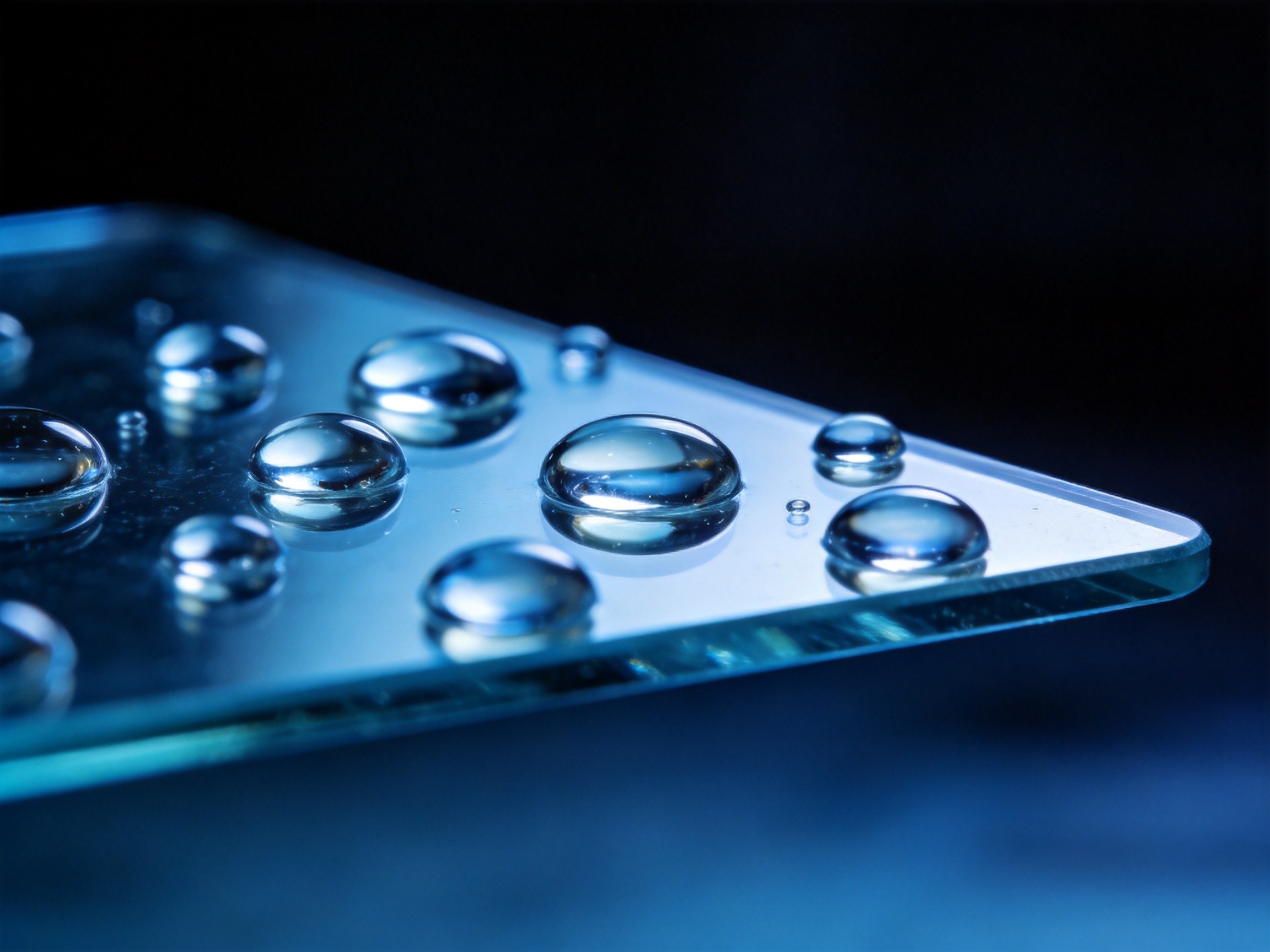 Water droplet beading on AF-coated touchscreen surface demonstrating high contact angle oleophobic performance