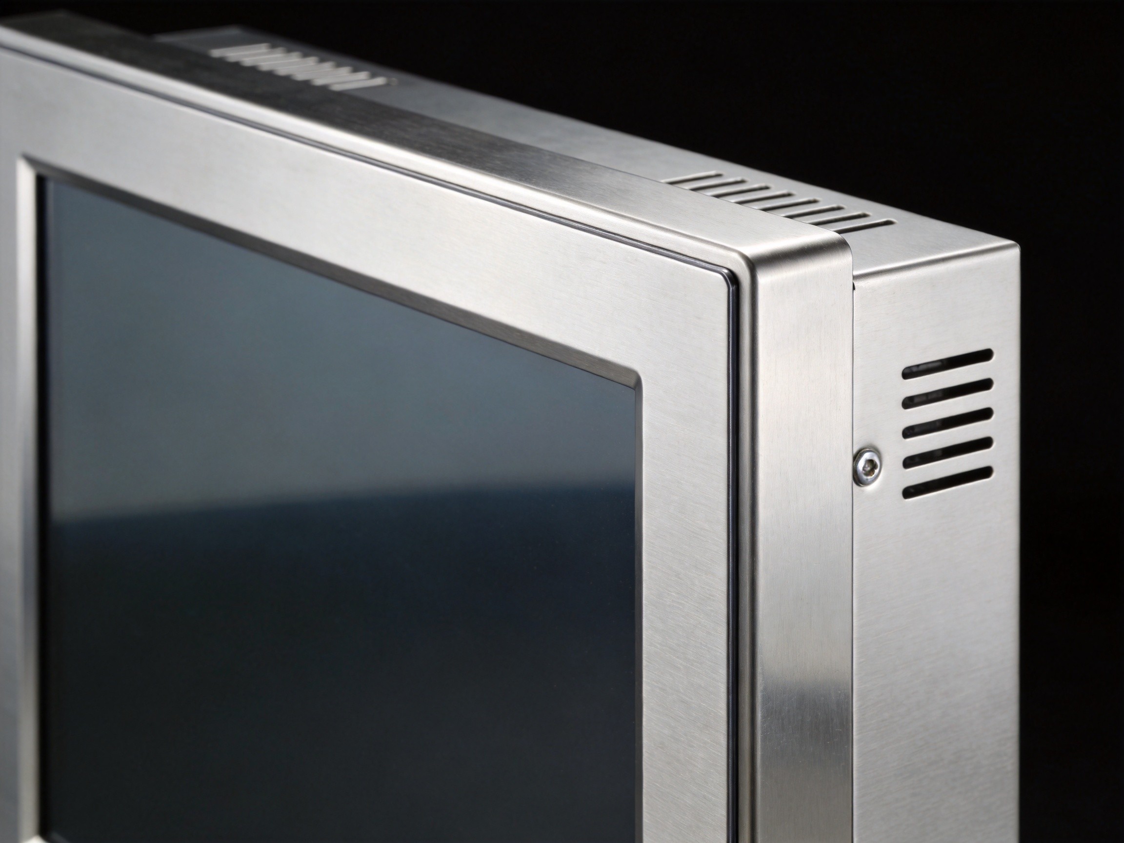 Electropolished stainless steel panel PC enclosure with seamless bezel design, showing smooth surface finish for cleanroom particle control