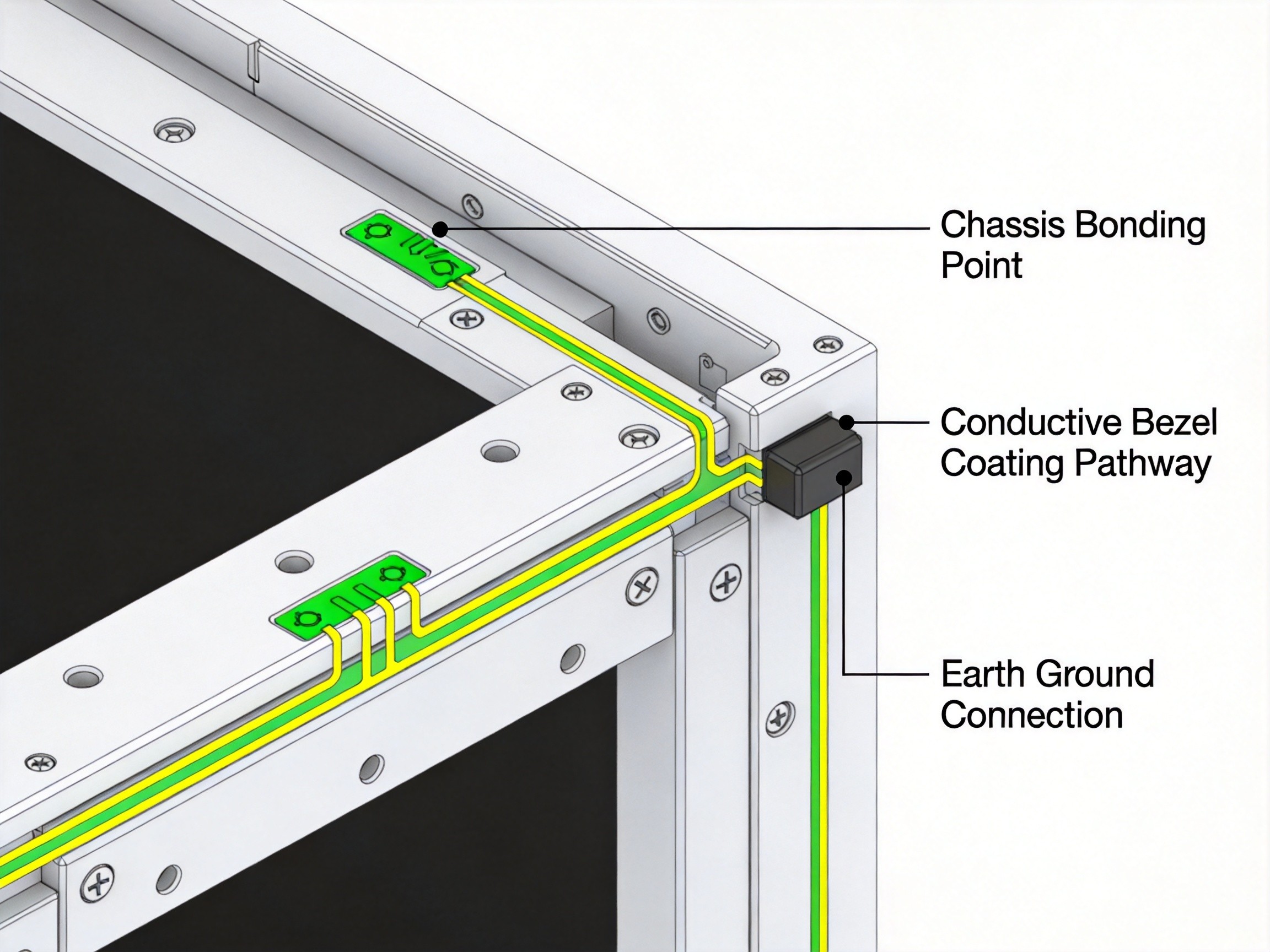 ESD grounding architecture diagram showing panel PC chassis bonding, conductive bezel coating, and earth ground connection path