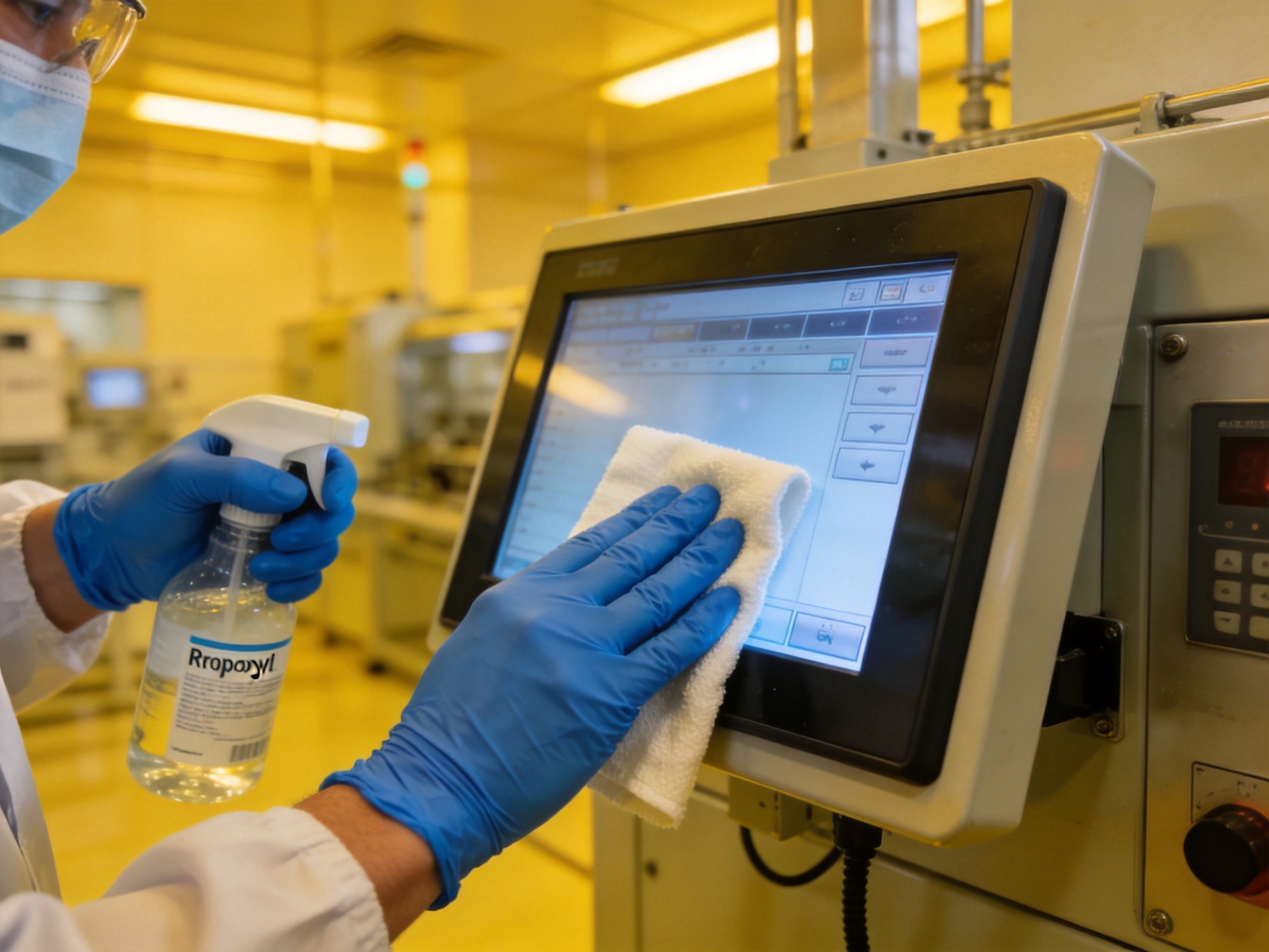 Cleanroom panel PC undergoing chemical wipe-down testing, technician applying isopropyl alcohol to touchscreen surface with lint-free cloth