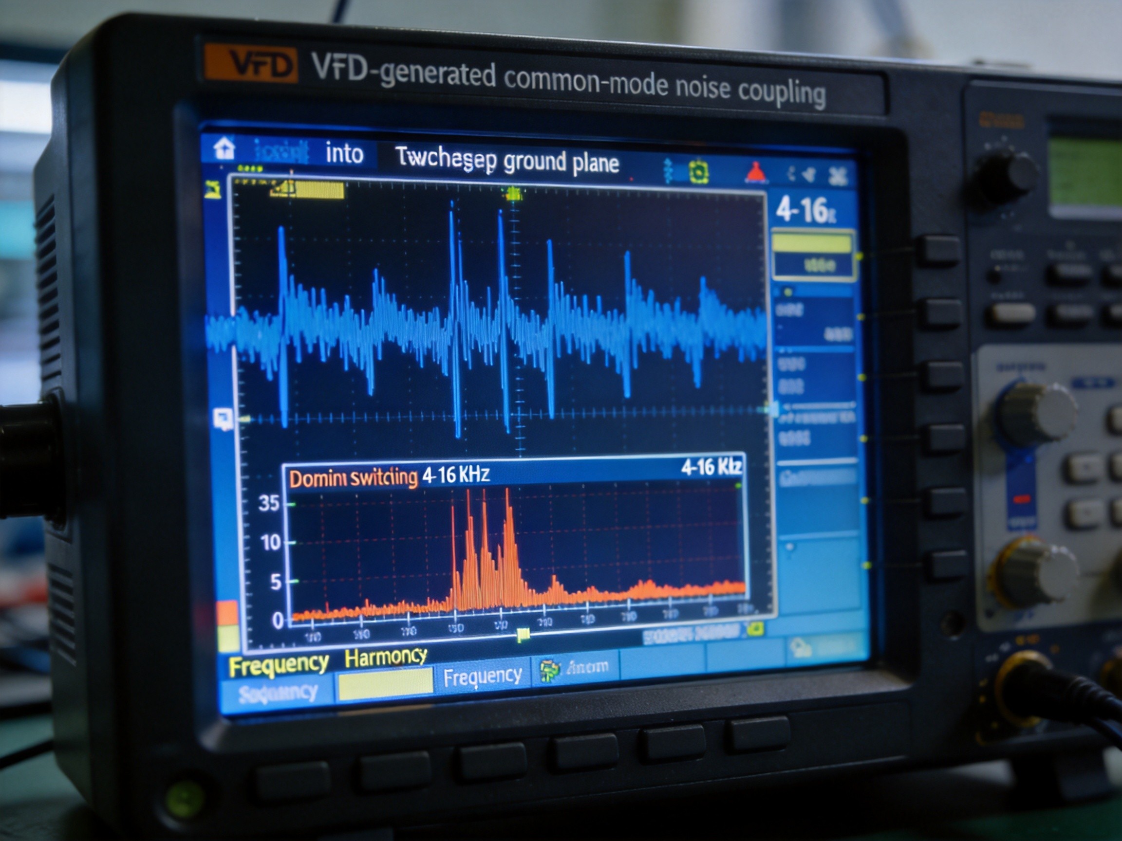 Oscilloscope measurement showing VFD-generated common-mode noise coupling into touchscreen ground plane, frequency spectrum analysis overlay