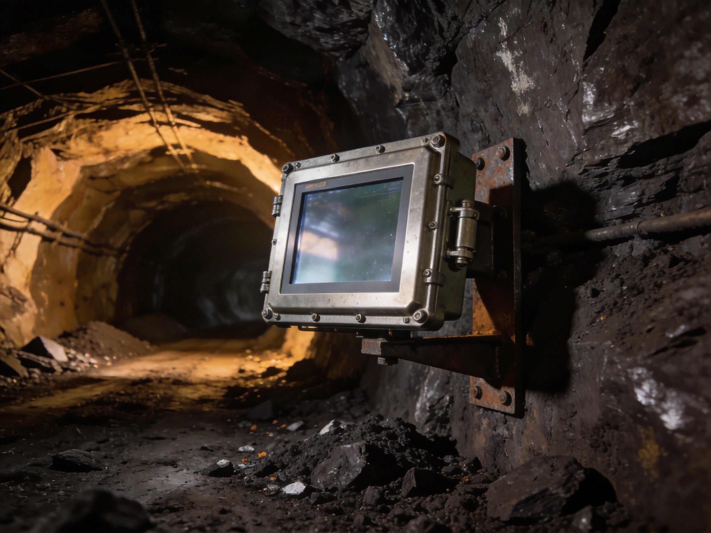 Industrial Panel PC sealed against dust with visible IP6X-rated gasket and cable gland system on a mining equipment control station