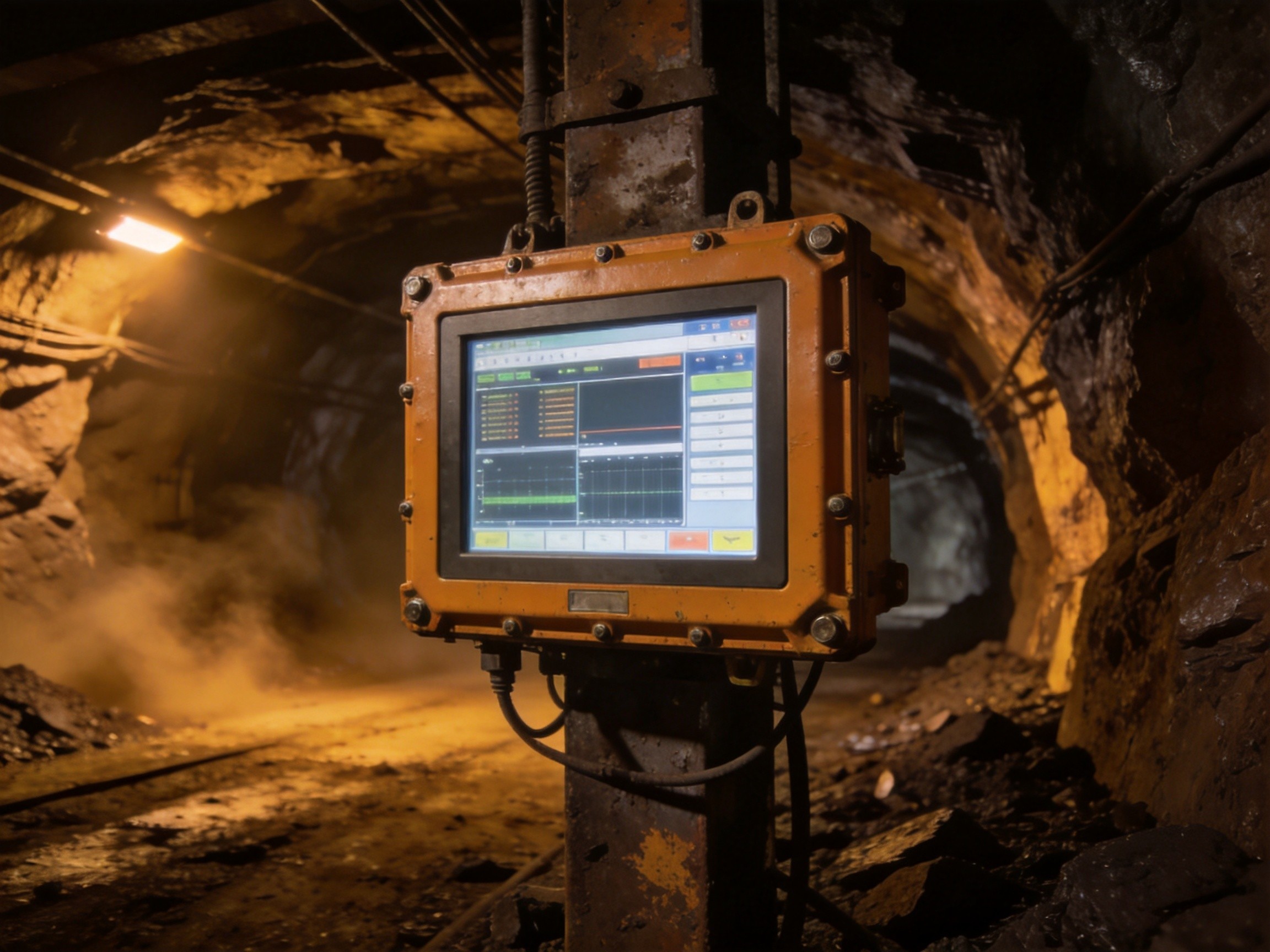 Vibration-isolated mounting bracket system with elastomeric dampers supporting an industrial Panel PC on a mining conveyor control station