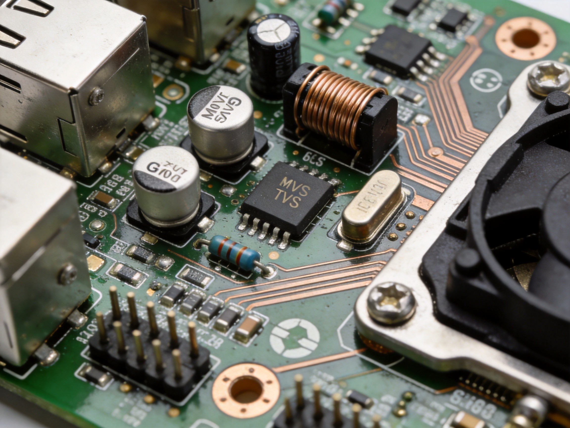 Close-up of a three-layer surge protection circuit on an industrial PC mainboard with GDT, MOV, and TVS diode components labeled